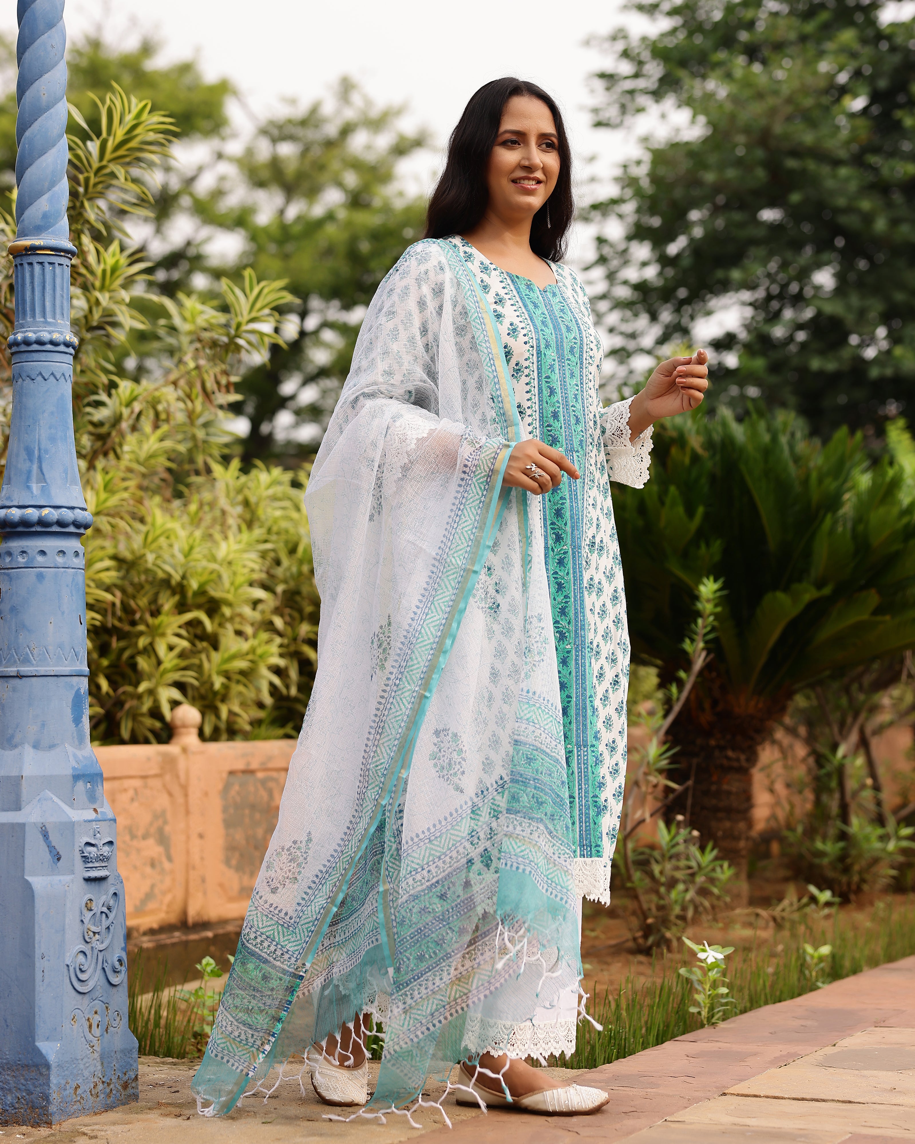 White And Turquoise Ethnic Motif Print Cotton Suit