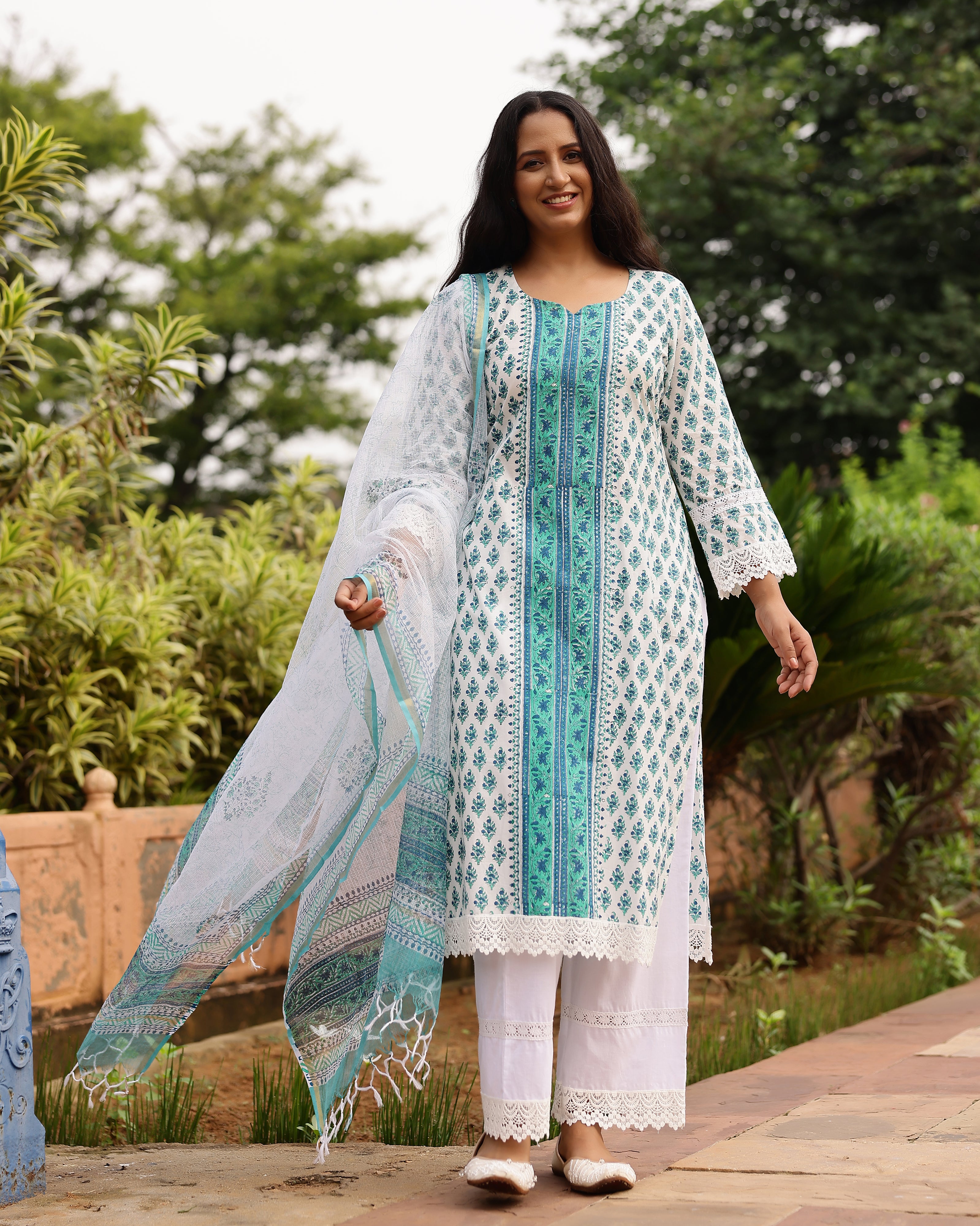 White And Turquoise Ethnic Motif Print Cotton Suit