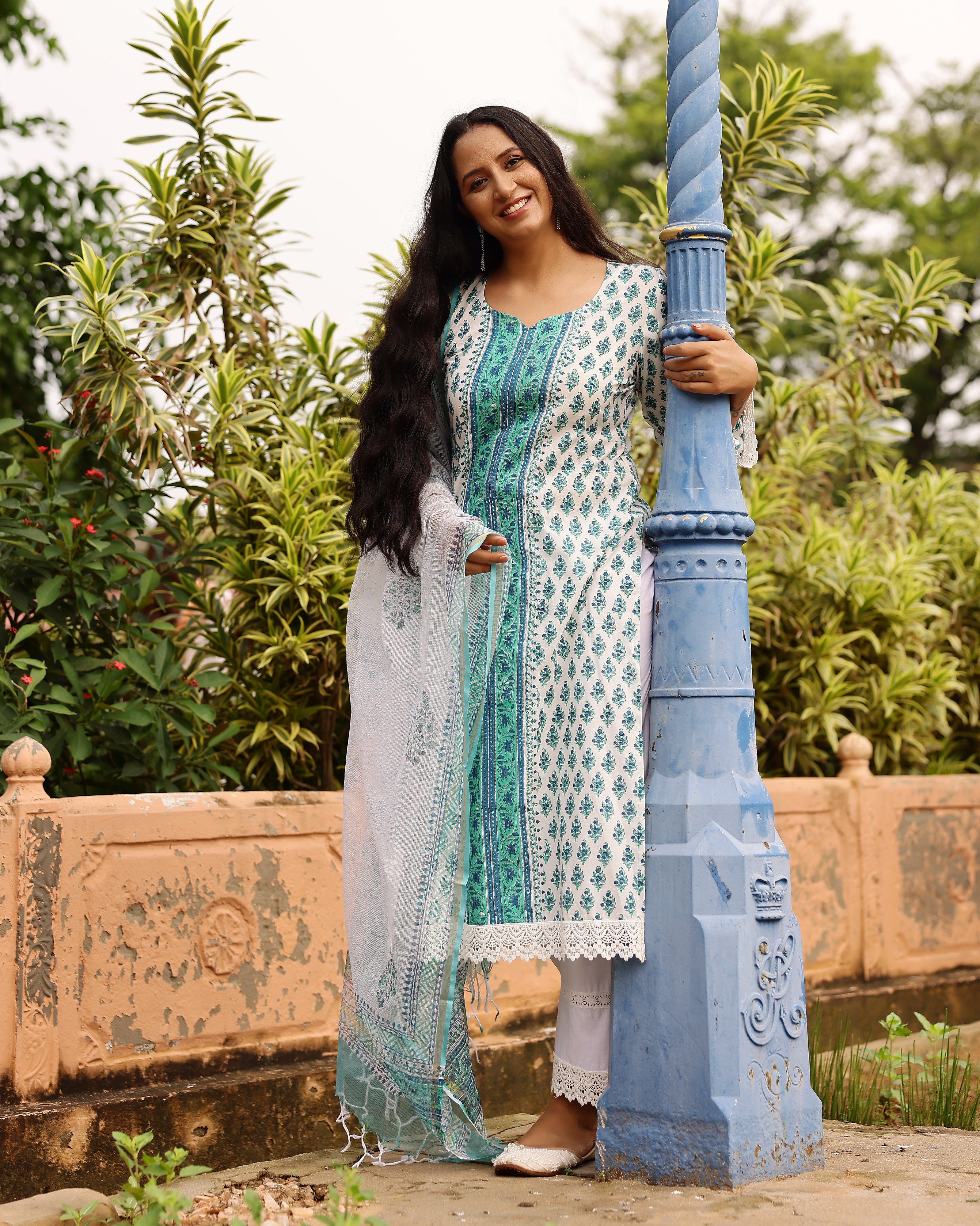 White And Turquoise Ethnic Motif Print Cotton Suit
