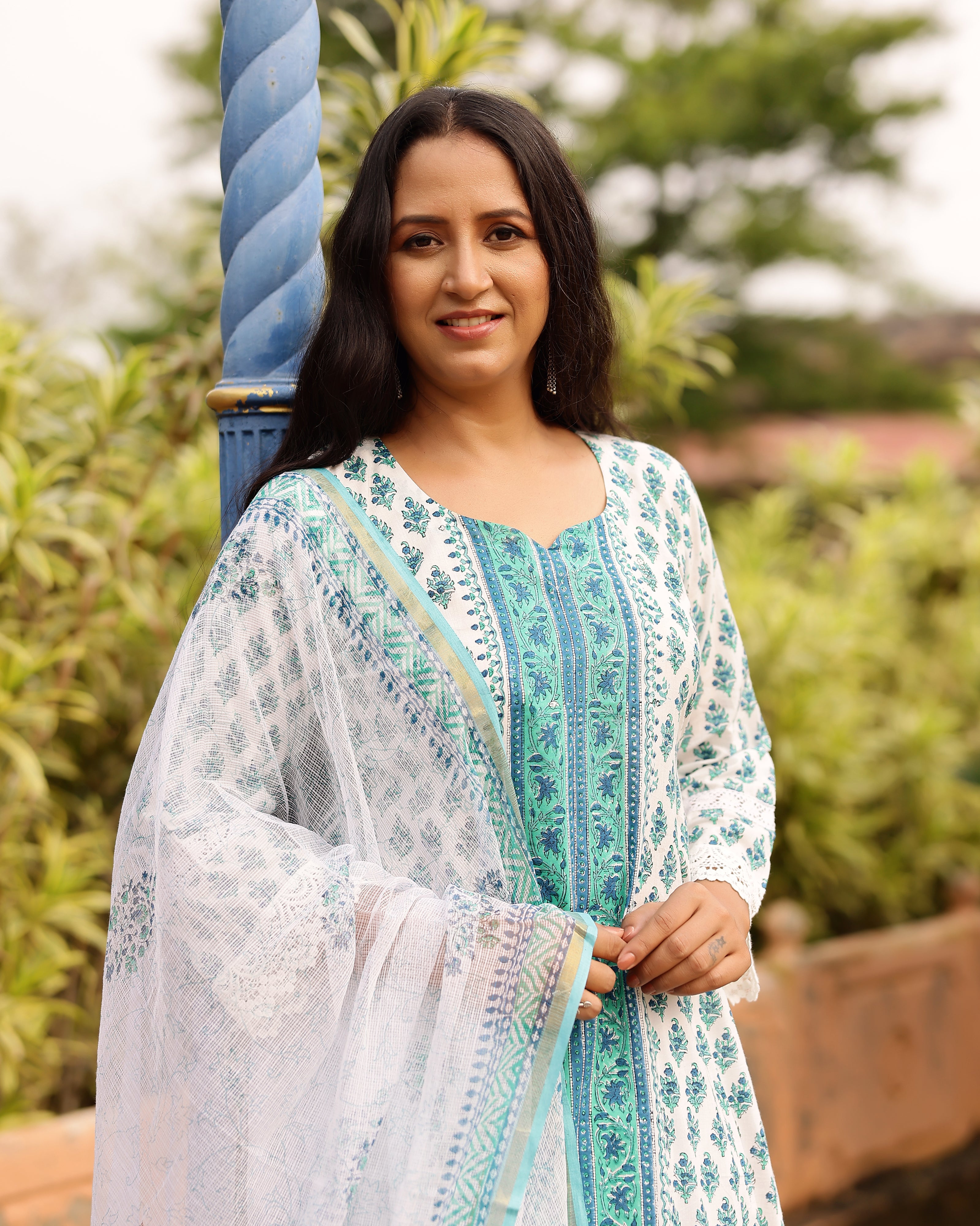 White And Turquoise Ethnic Motif Print Cotton Suit