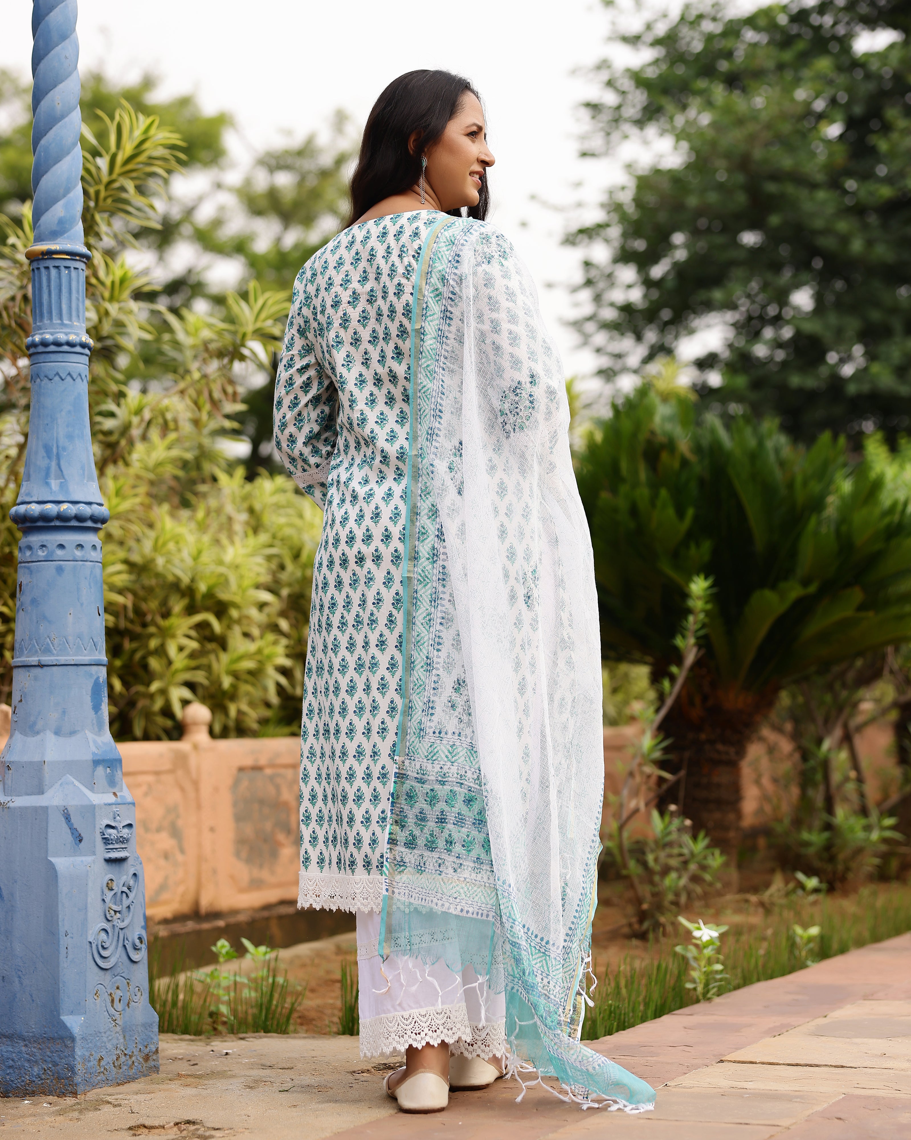 White And Turquoise Ethnic Motif Print Cotton Suit