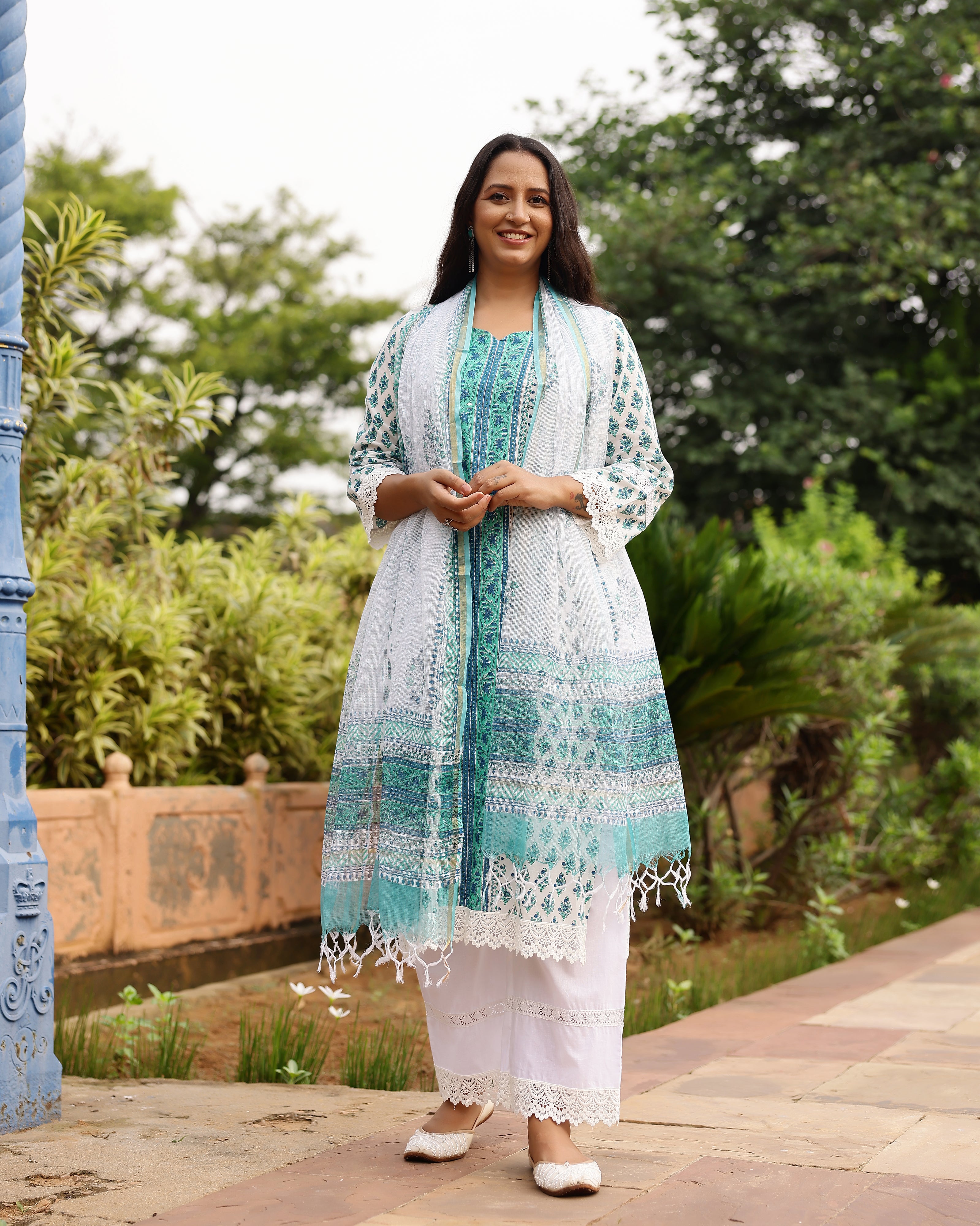 White And Turquoise Ethnic Motif Print Cotton Suit