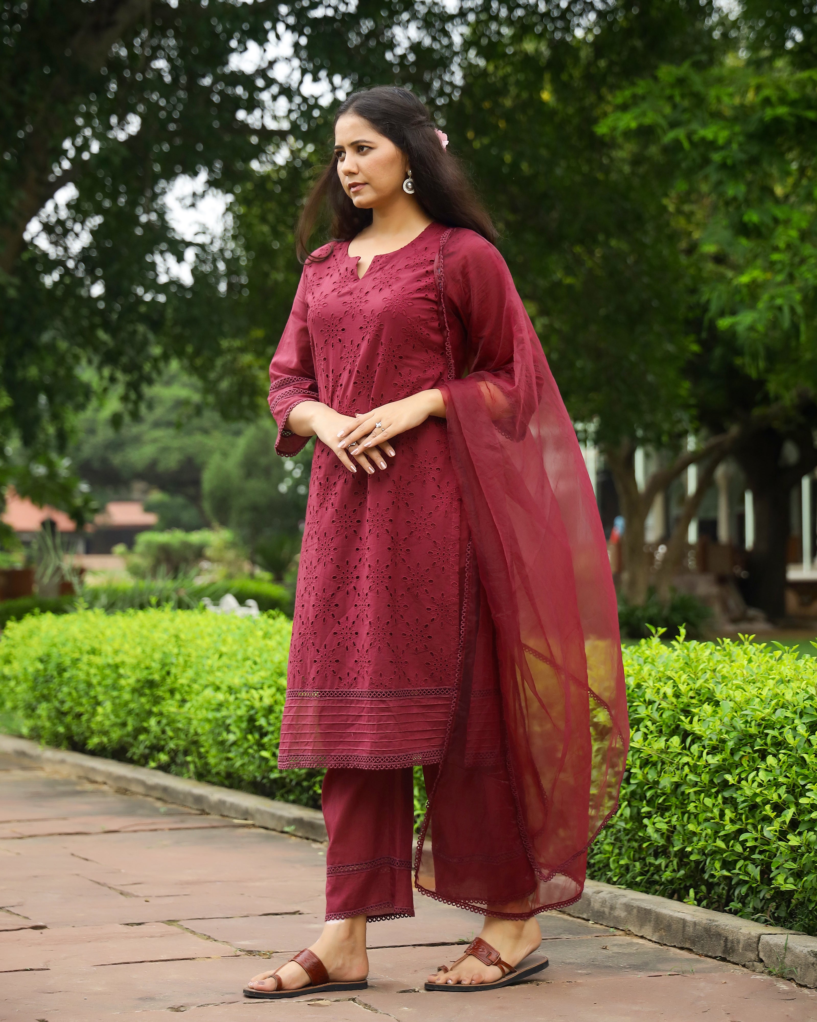 Wine Cotton Schiffli Kurta Set with Organza Dupatta
