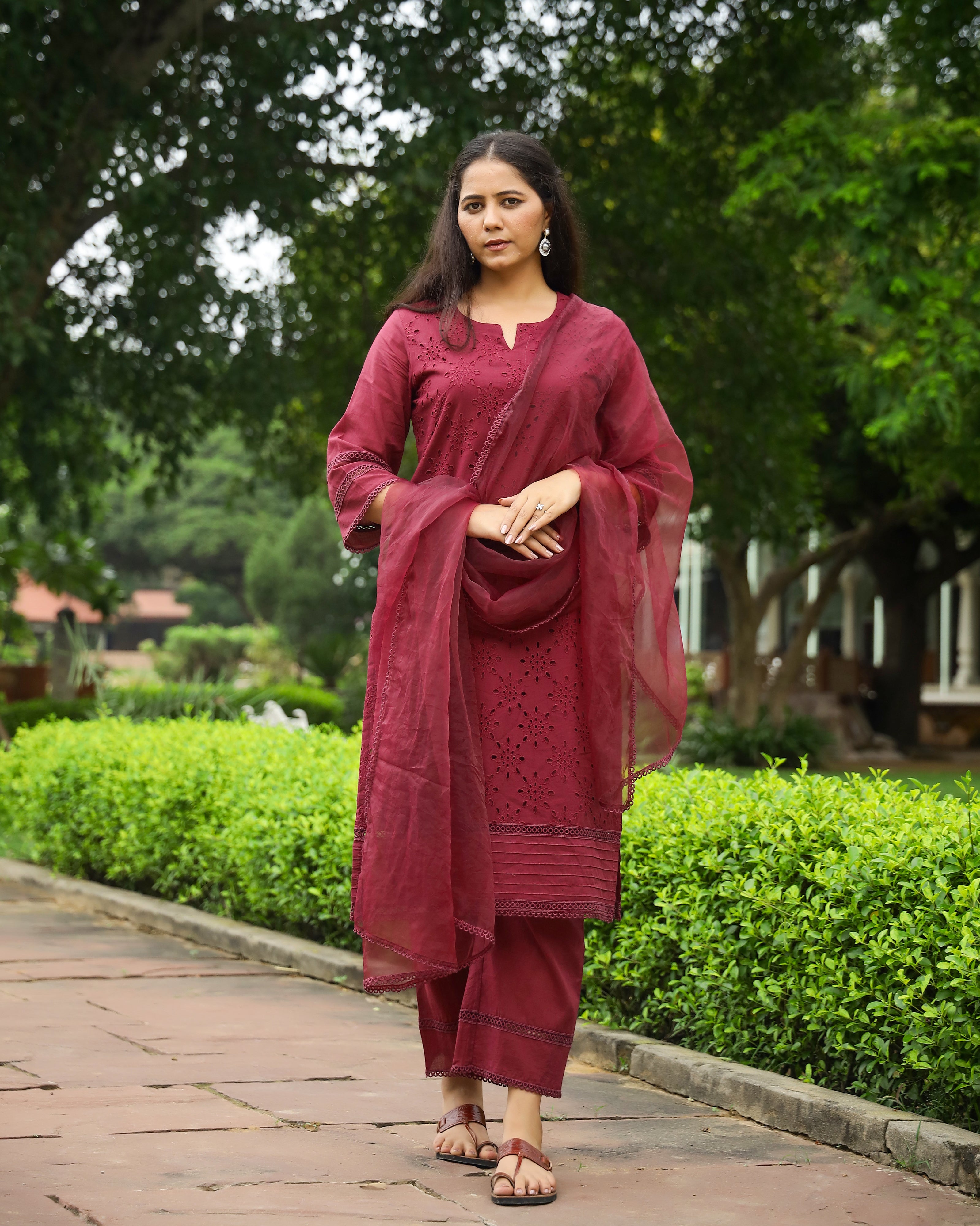 Wine Cotton Schiffli Kurta Set with Organza Dupatta