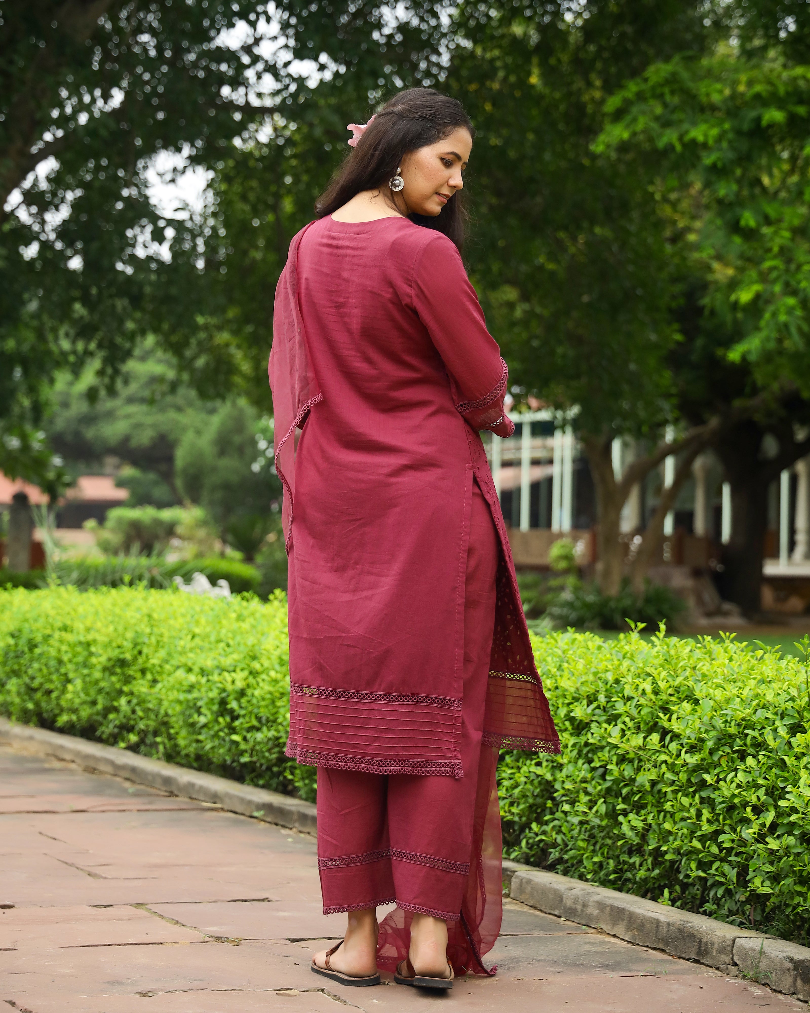 Wine Cotton Schiffli Kurta Set with Organza Dupatta