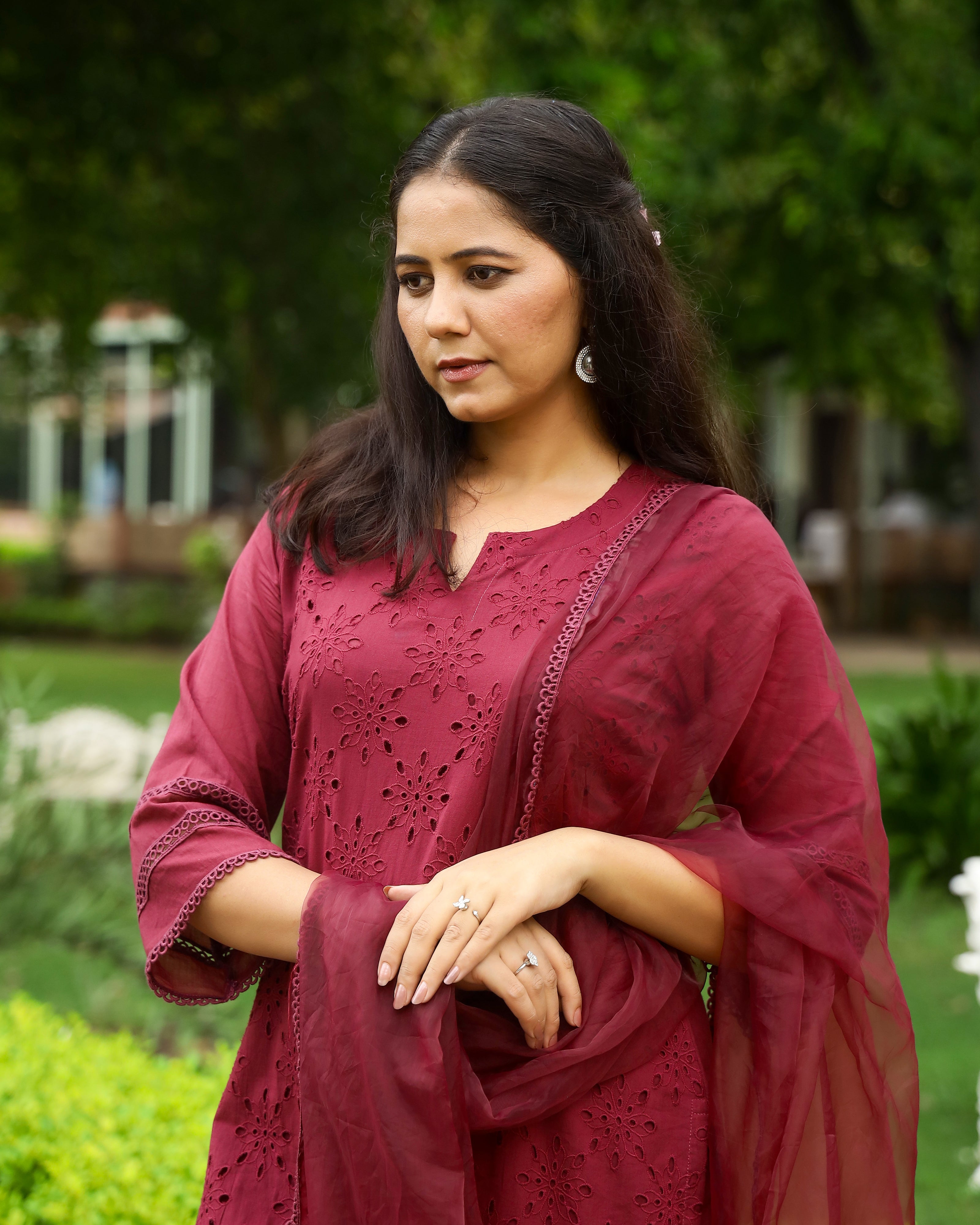 Wine Cotton Schiffli Kurta Set with Organza Dupatta