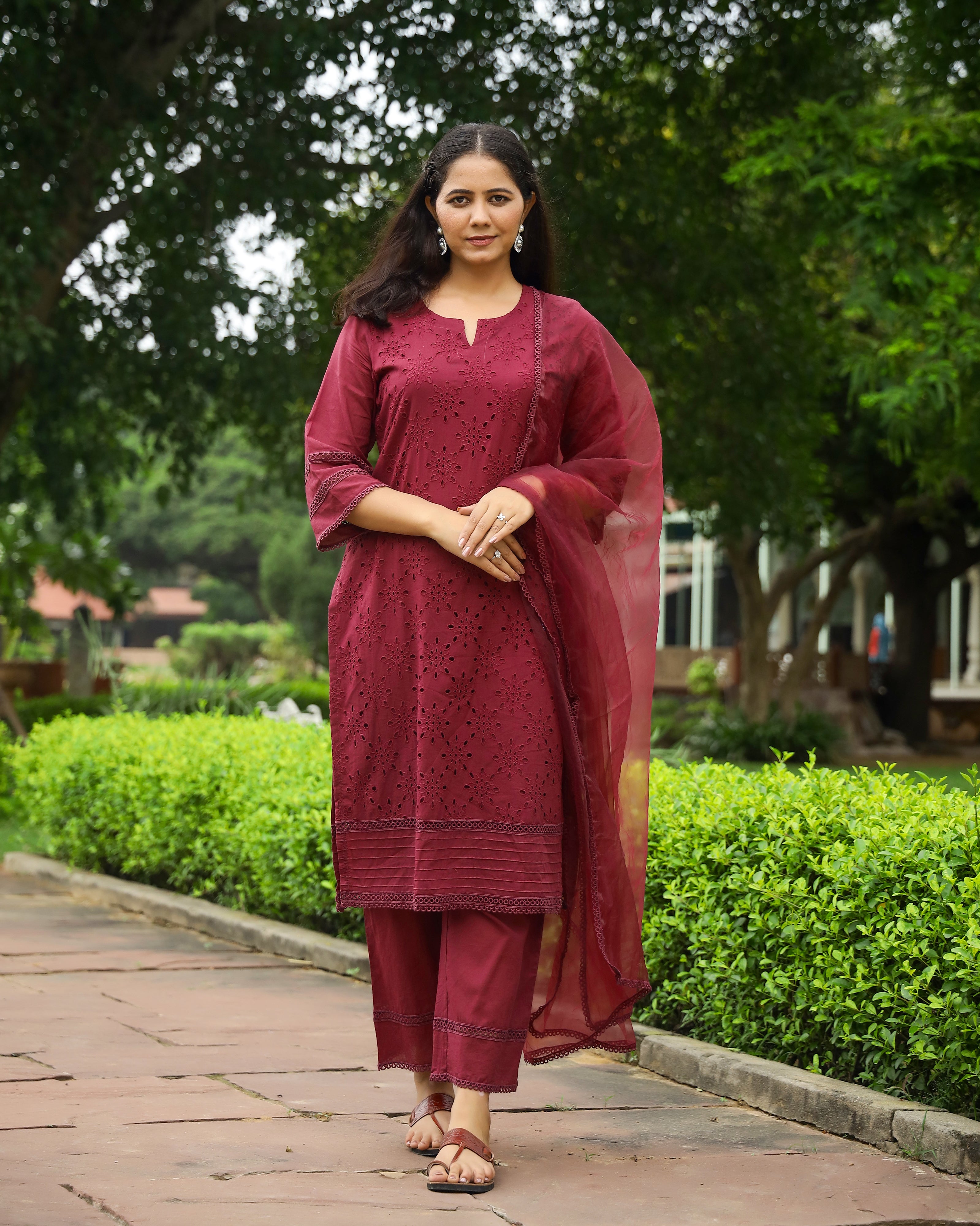 Wine Cotton Schiffli Kurta Set with Organza Dupatta