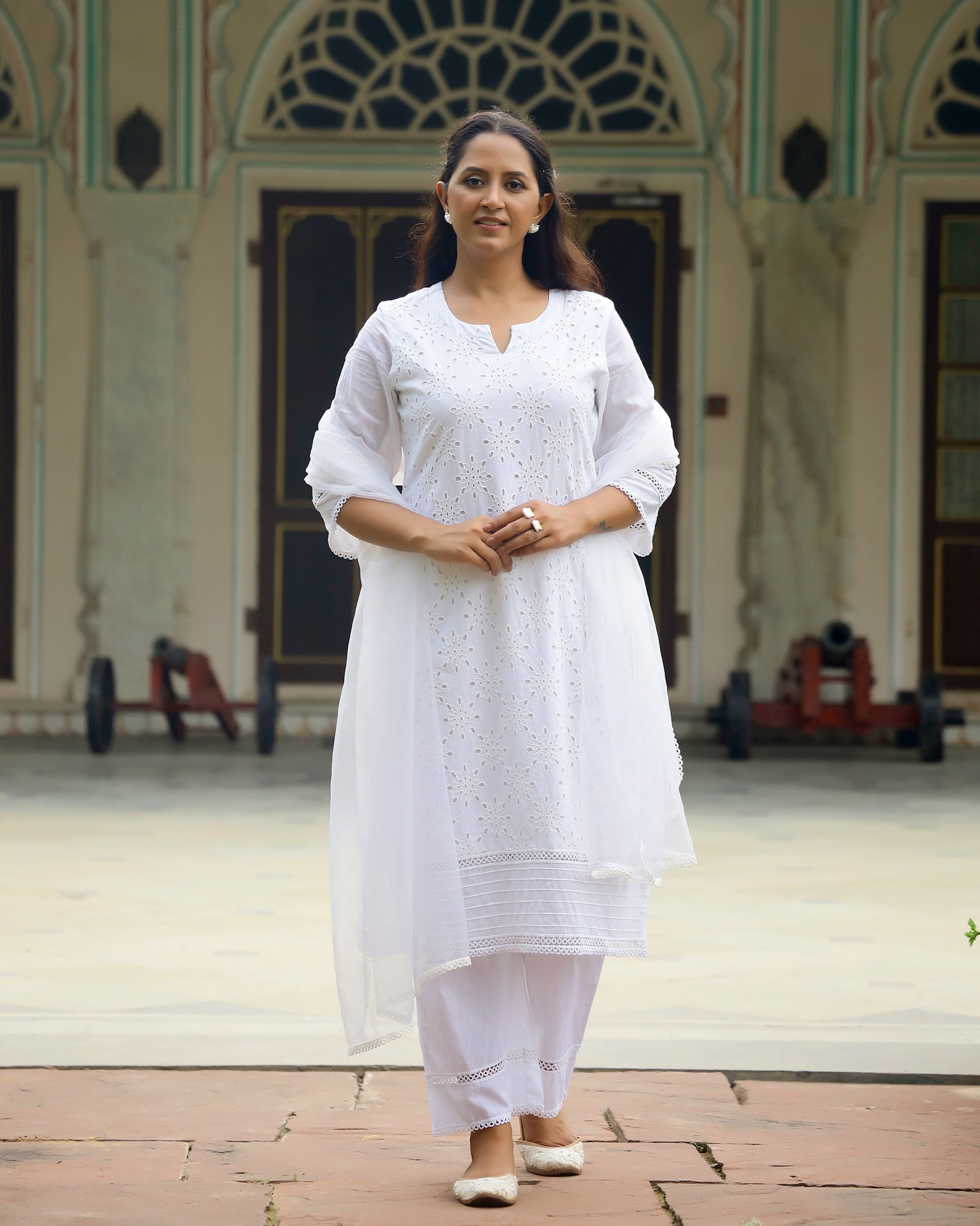 Ethereal White Schiffli Cotton Kurta Set with Organza Grace