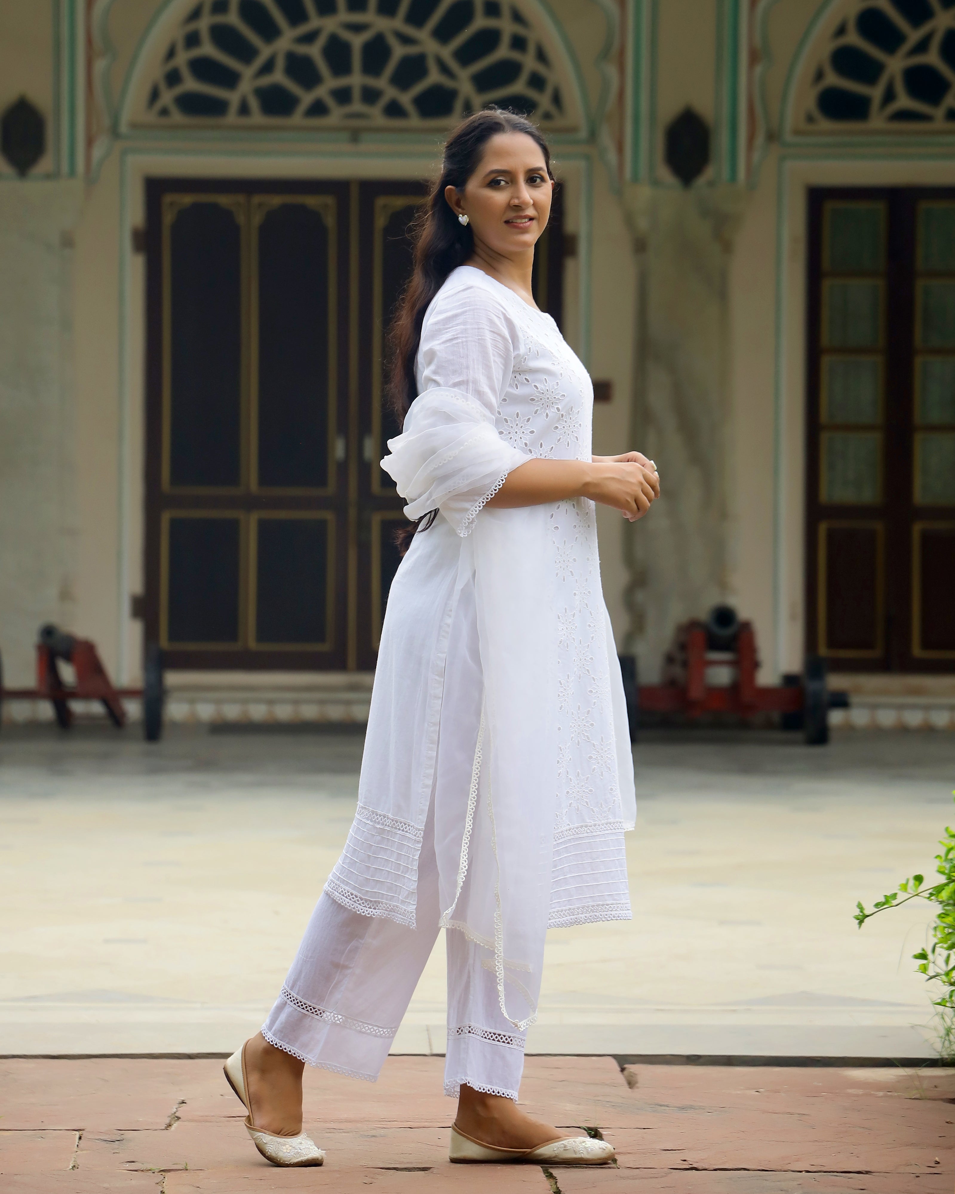 Ethereal White Schiffli Cotton Kurta Set with Organza Grace