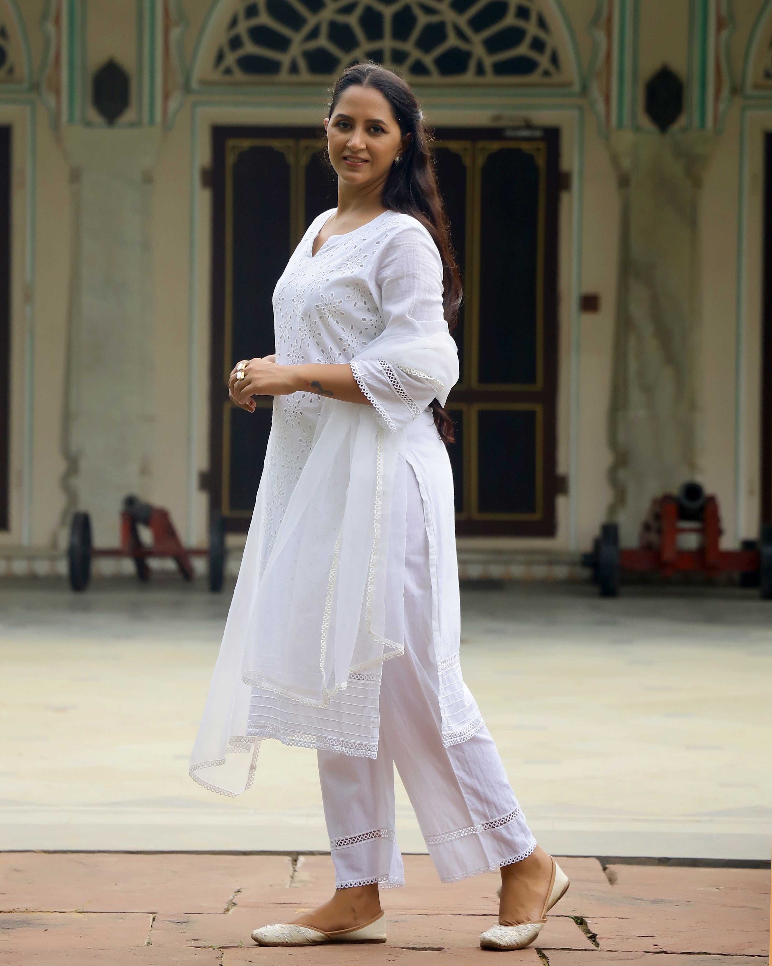 Ethereal White Schiffli Cotton Kurta Set with Organza Grace