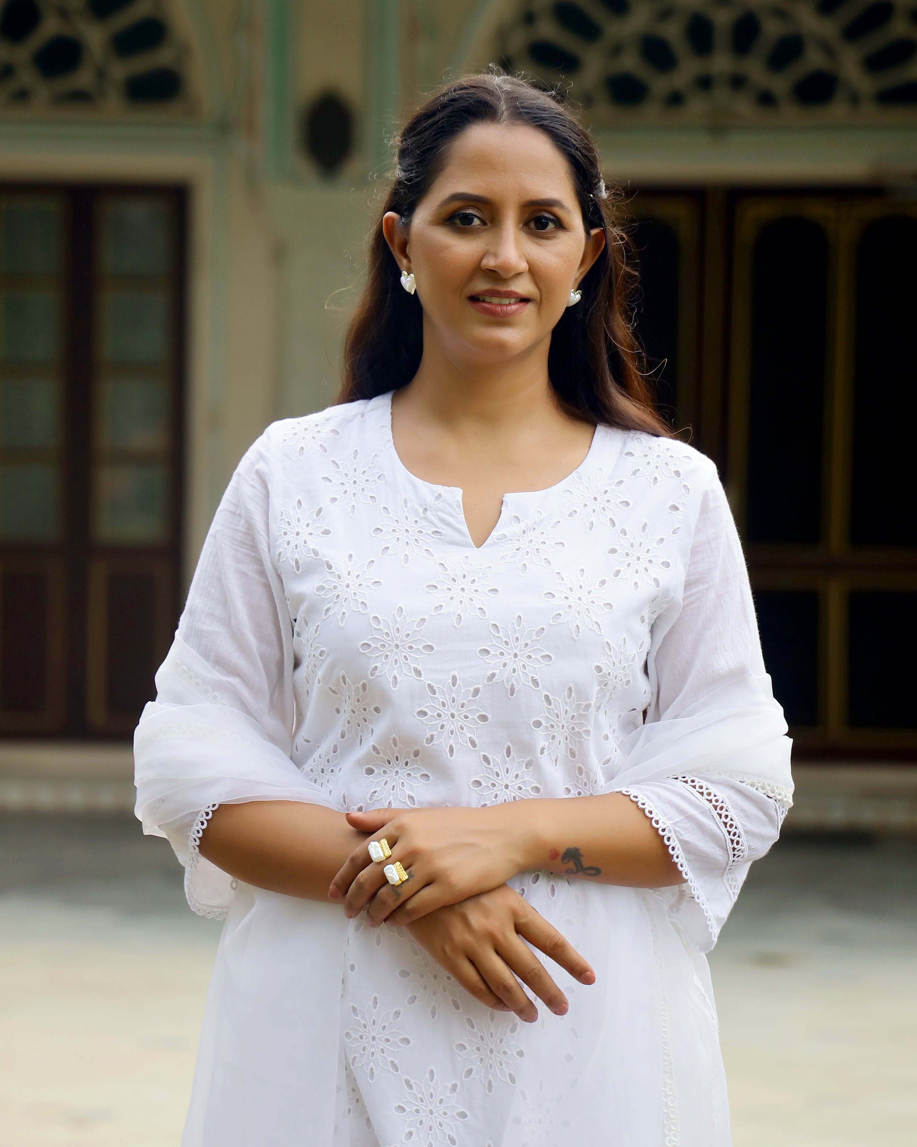 Ethereal White Schiffli Cotton Kurta Set with Organza Grace