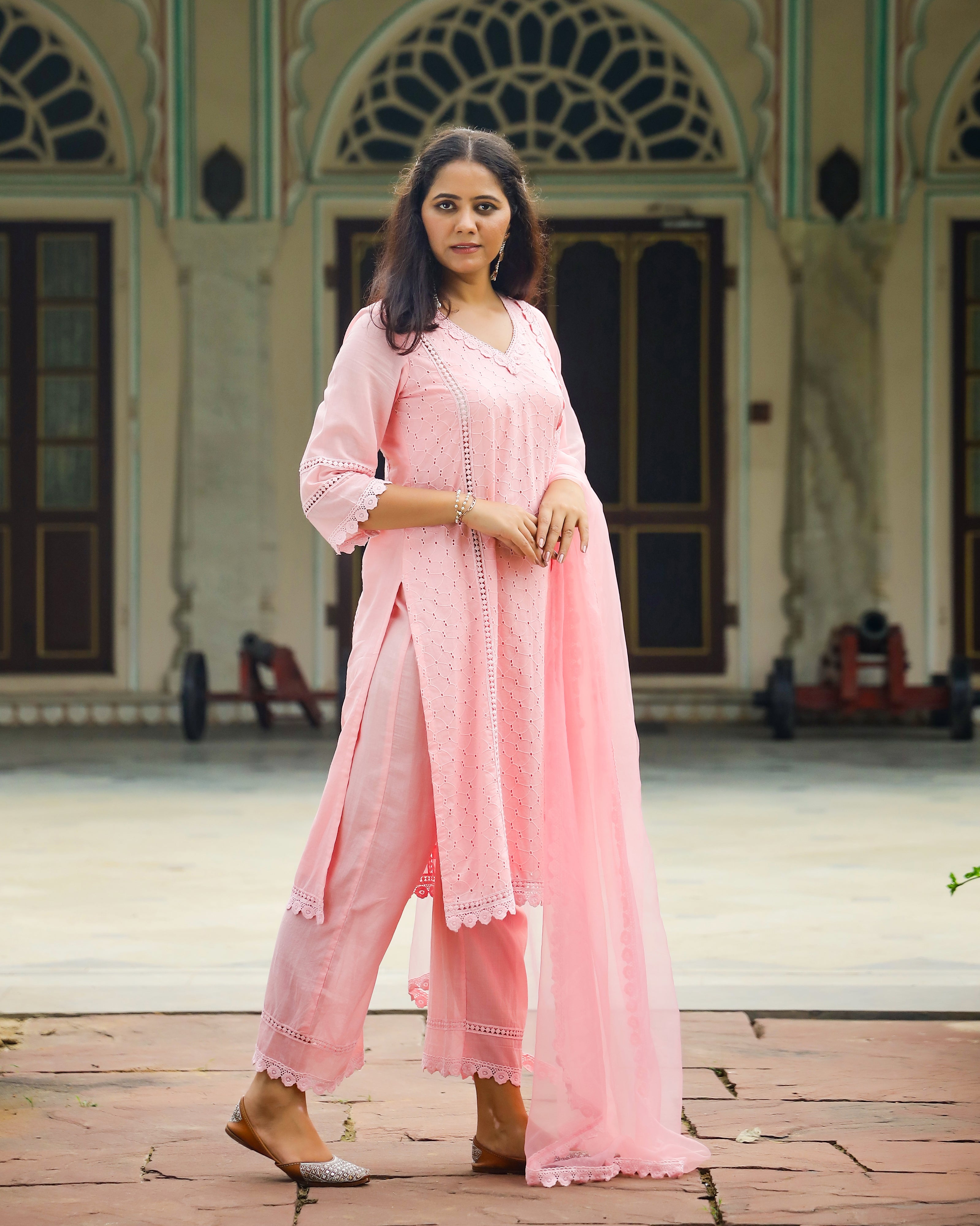 Blush Peach Schiffli Cotton Straight Suit Set