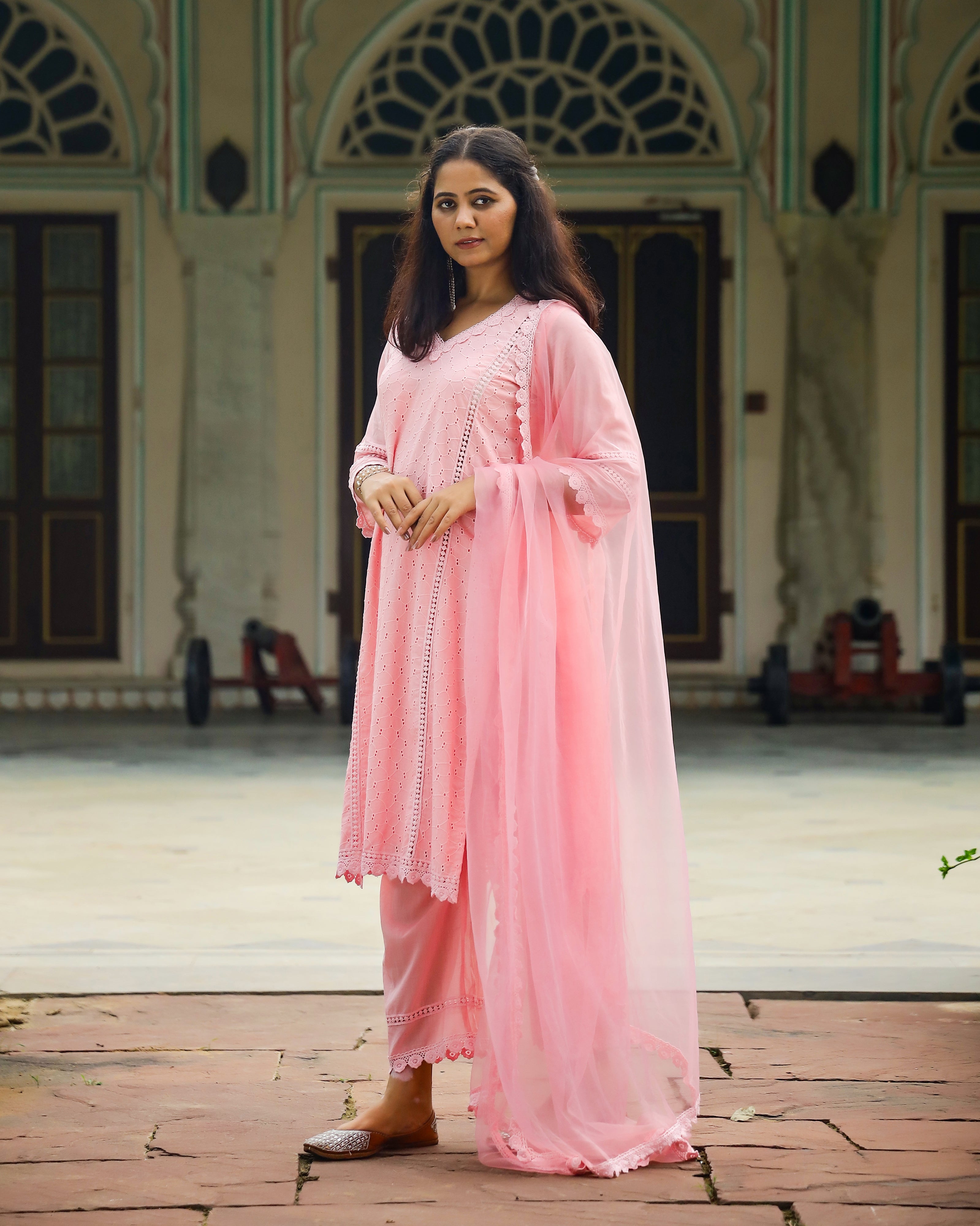 Blush Peach Schiffli Cotton Straight Suit Set