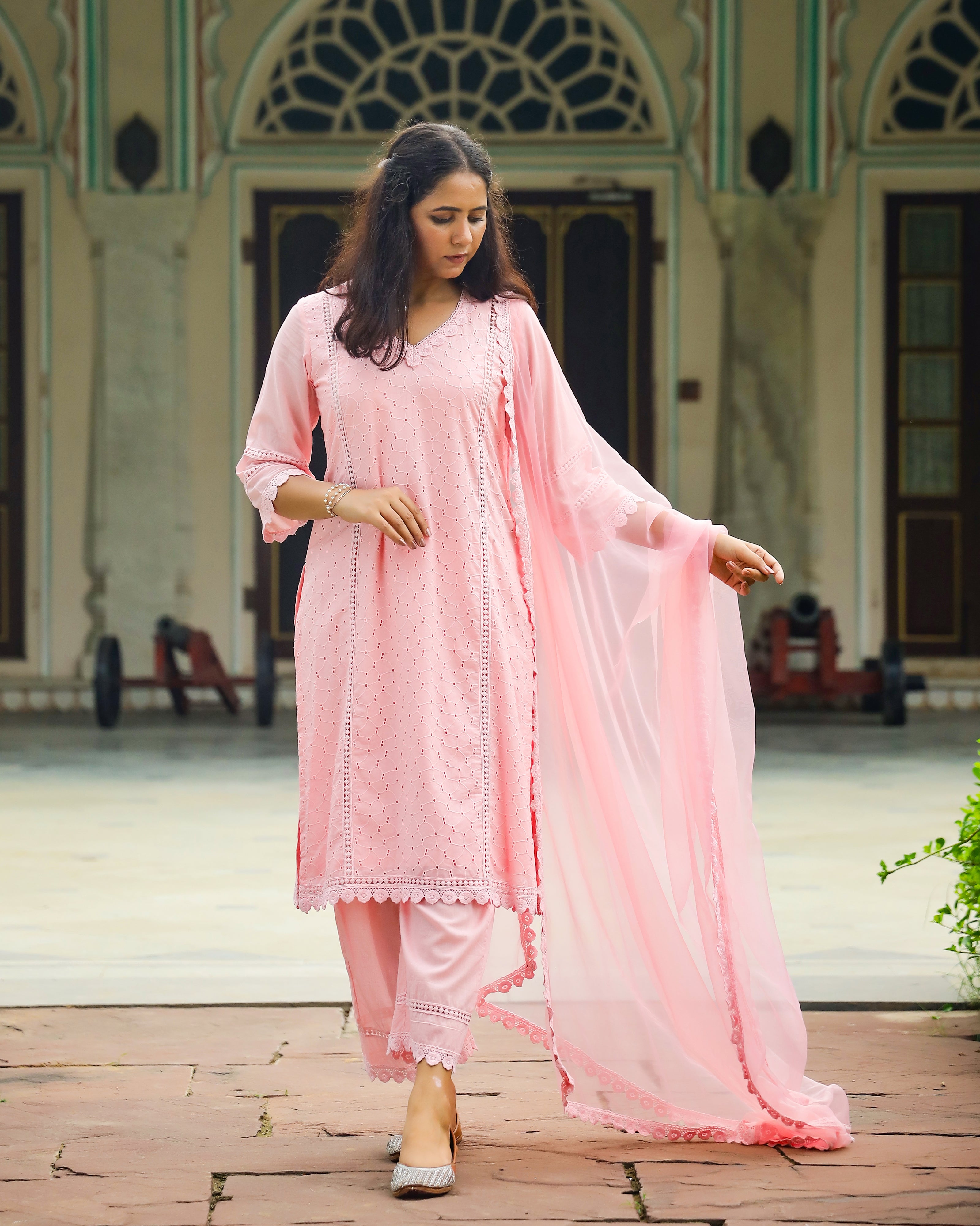 Blush Peach Schiffli Cotton Straight Suit Set
