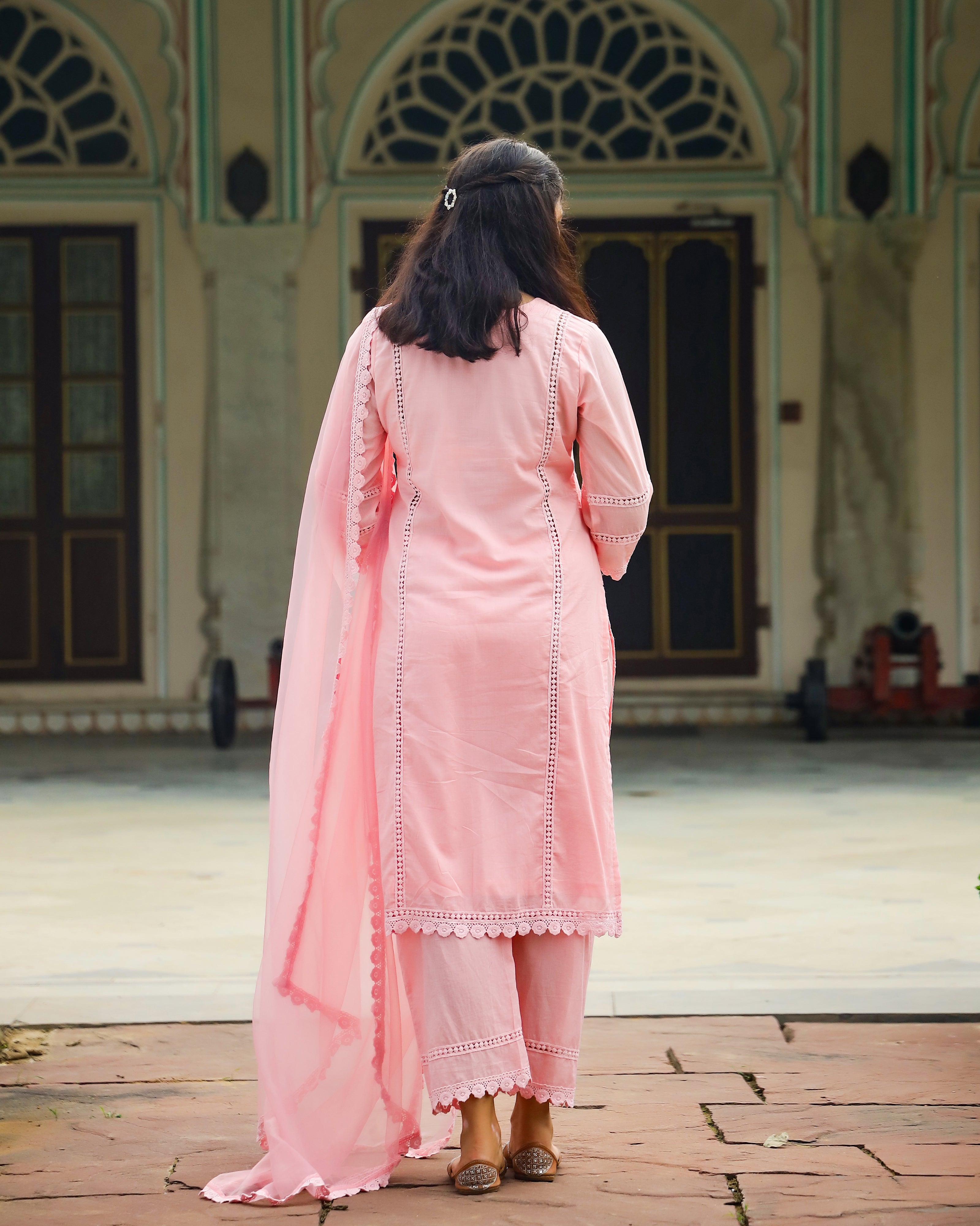 Blush Peach Schiffli Cotton Straight Suit Set