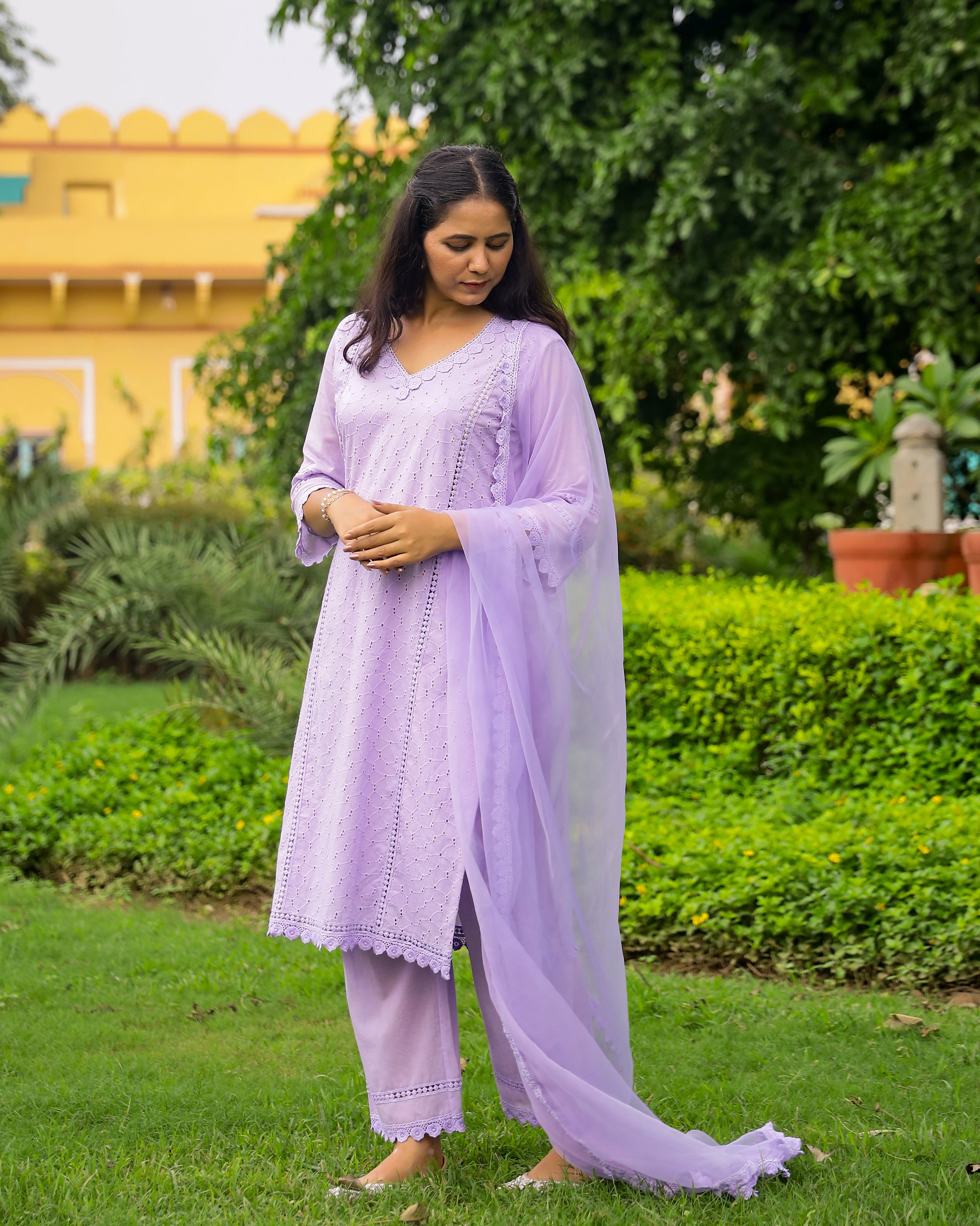 Lavender Cotton Schiffli Suit with Organza Dupatta