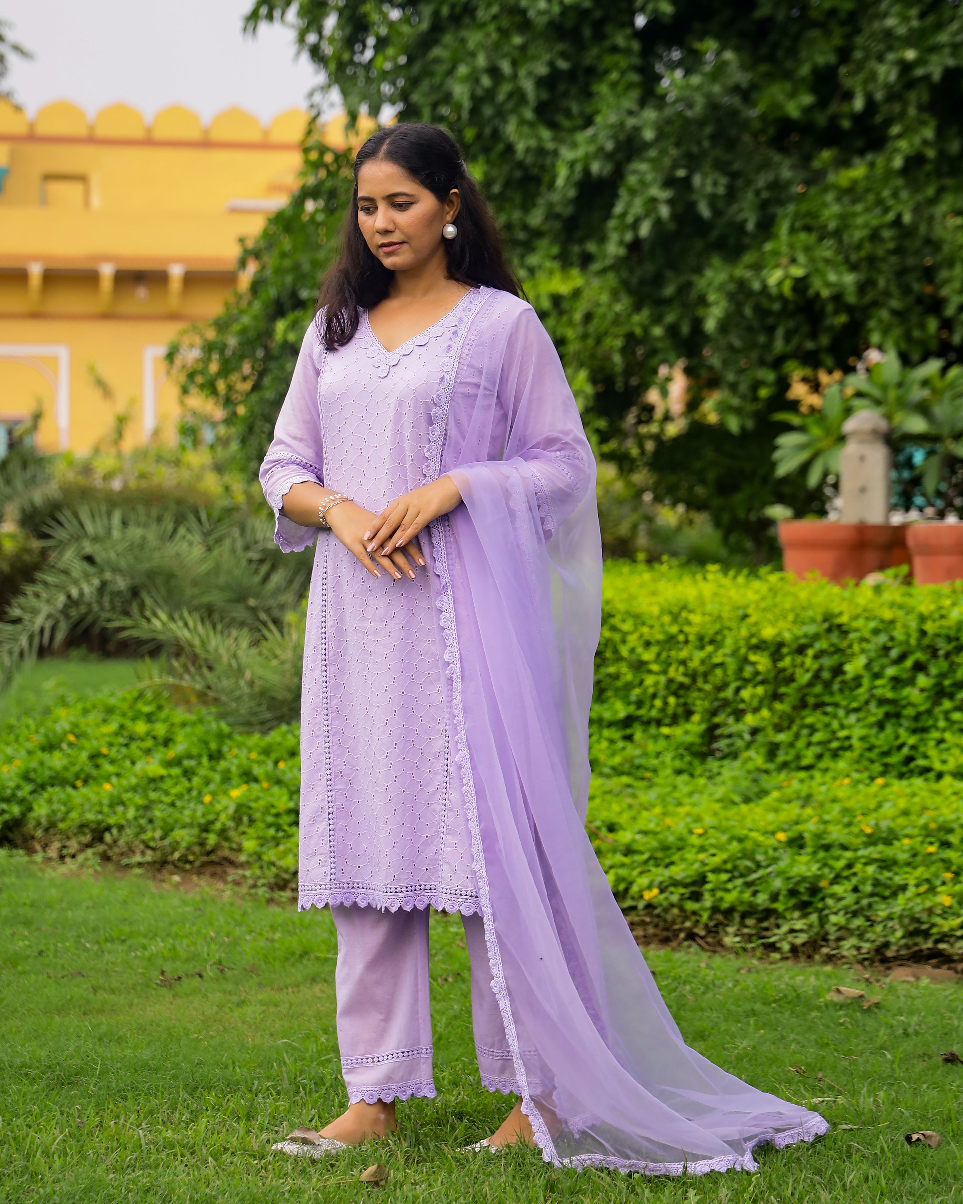 Lavender Cotton Schiffli Suit with Organza Dupatta