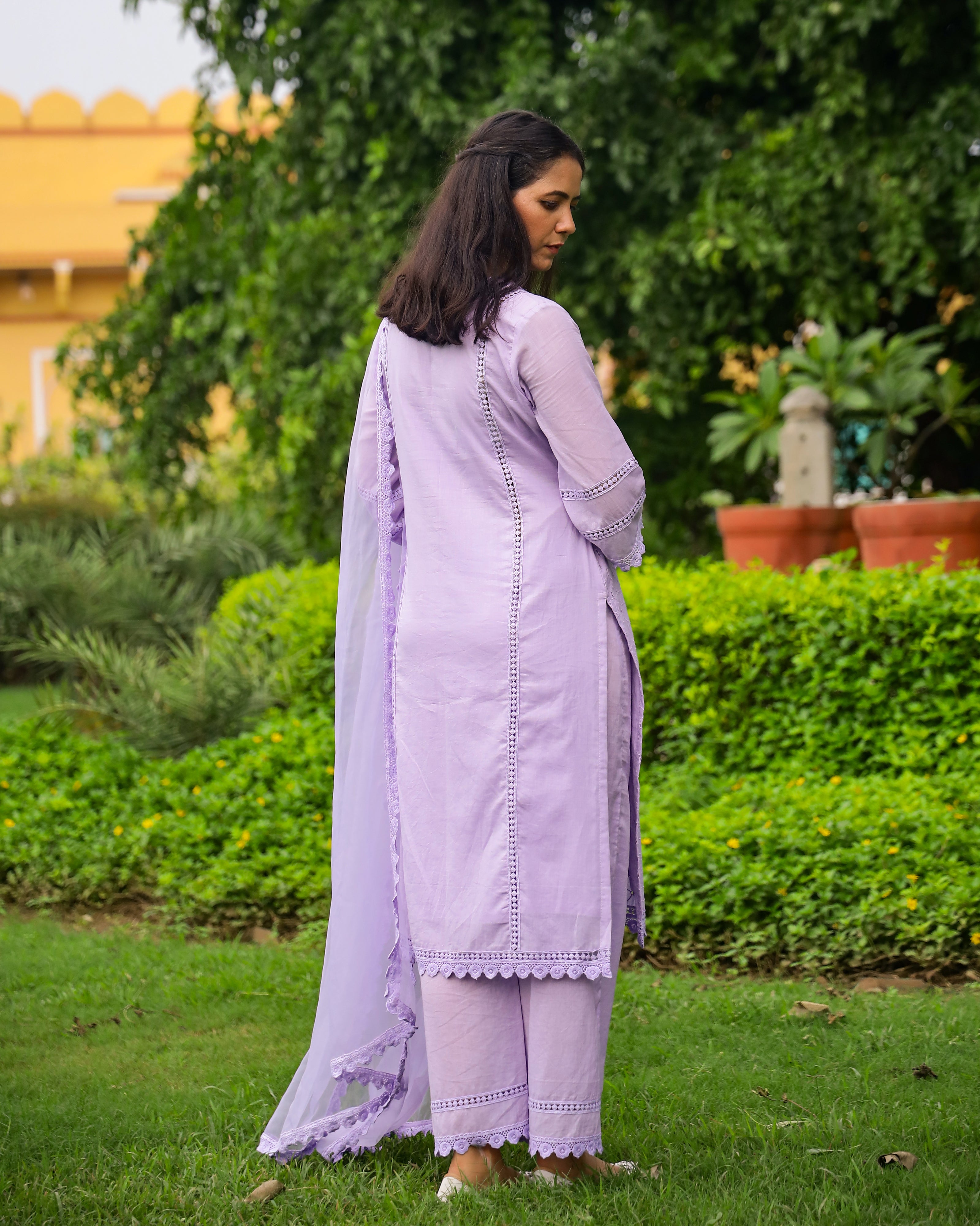 Lavender Cotton Schiffli Suit with Organza Dupatta