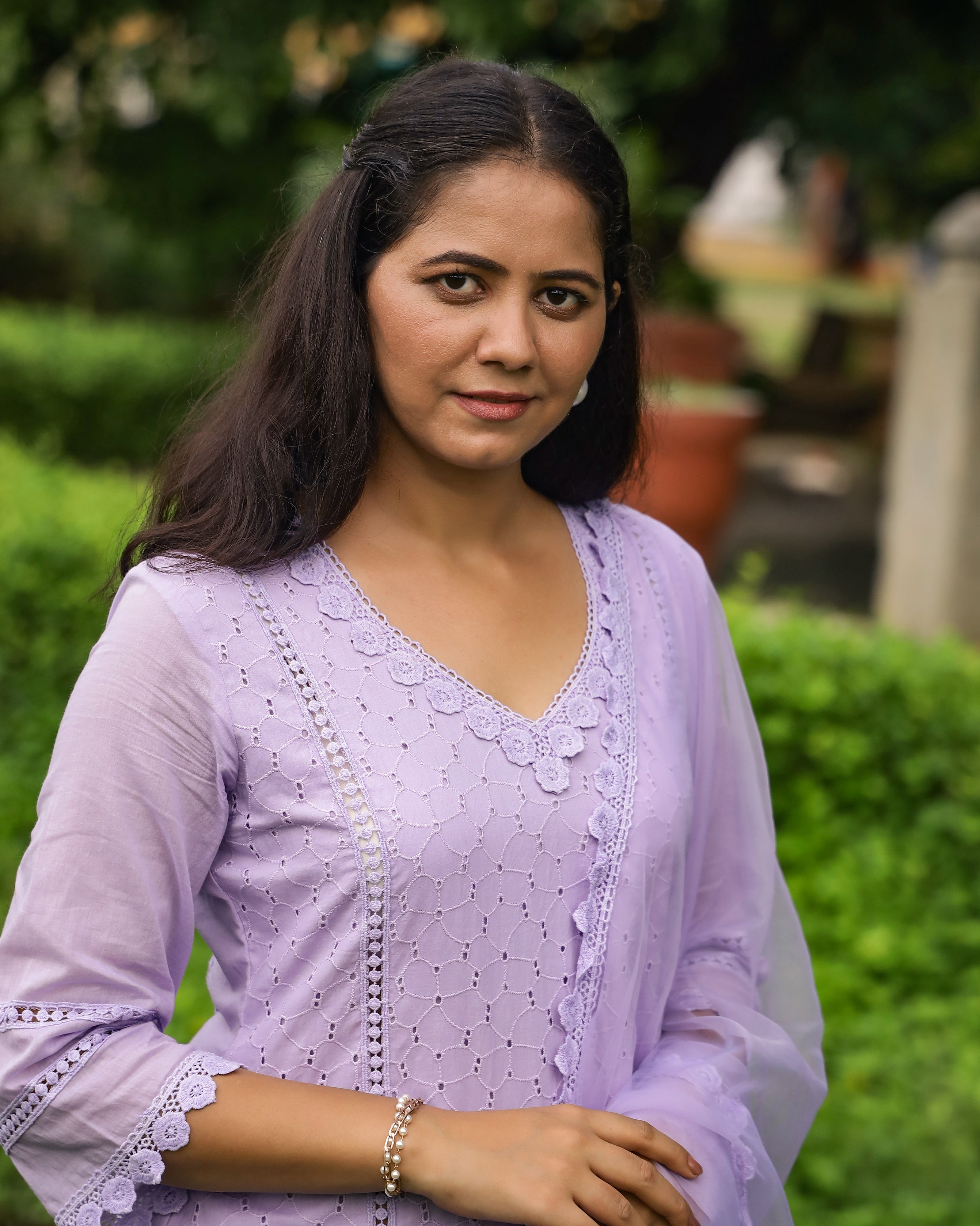Lavender Cotton Schiffli Suit with Organza Dupatta
