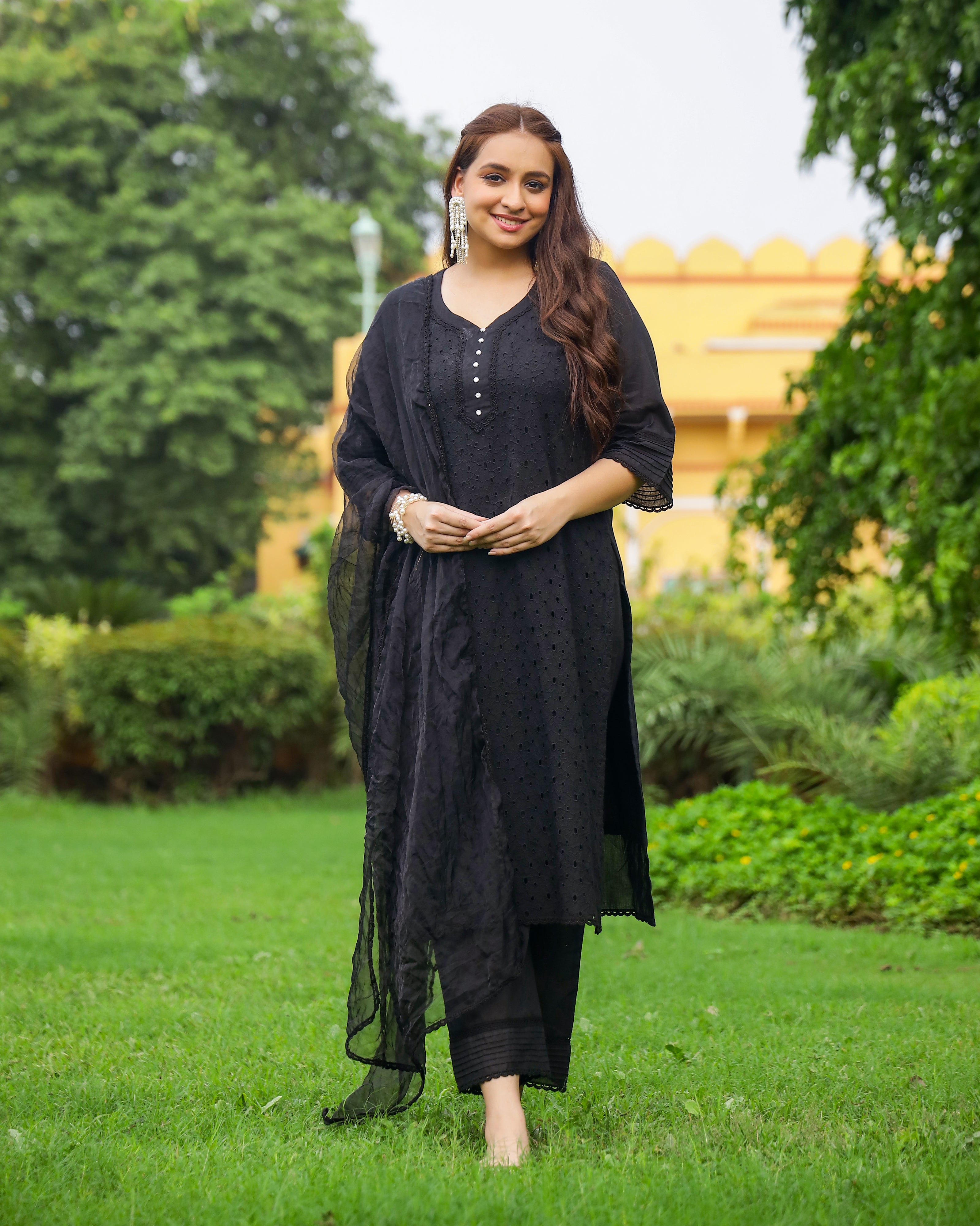 Coal Black Schiffli Cotton Suit Set with Organza Dupatta