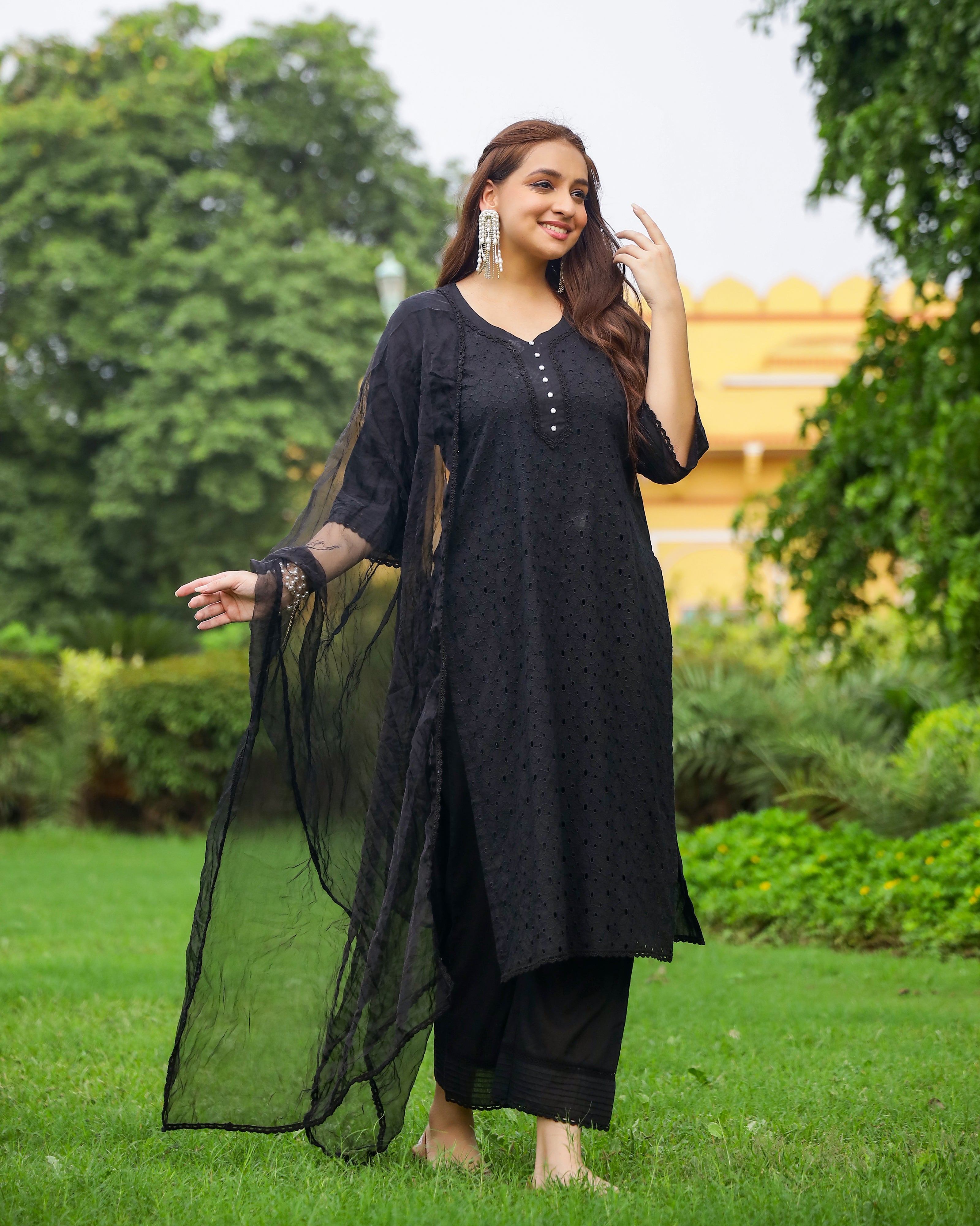 Coal Black Schiffli Cotton Suit Set with Organza Dupatta