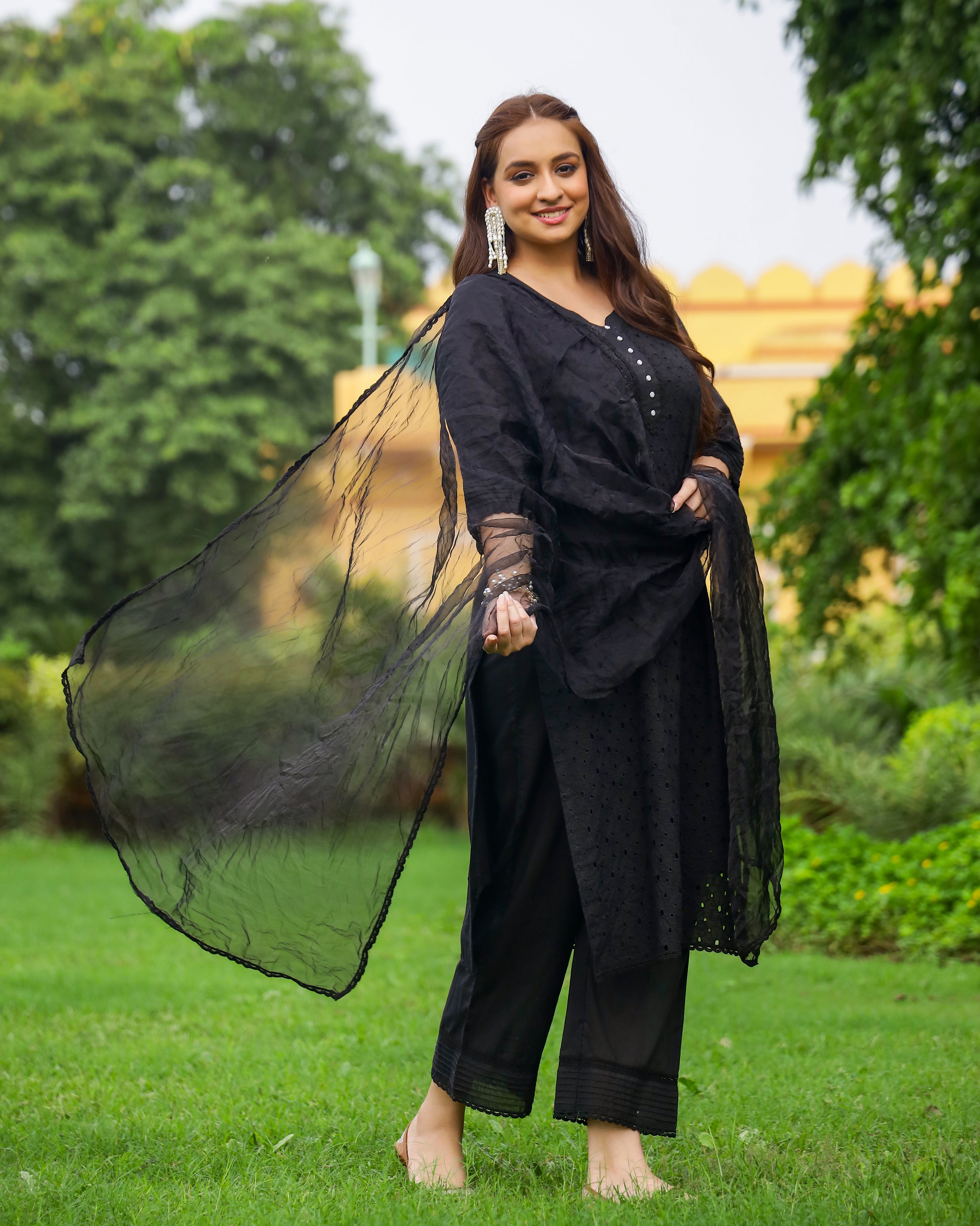 Coal Black Schiffli Cotton Suit Set with Organza Dupatta