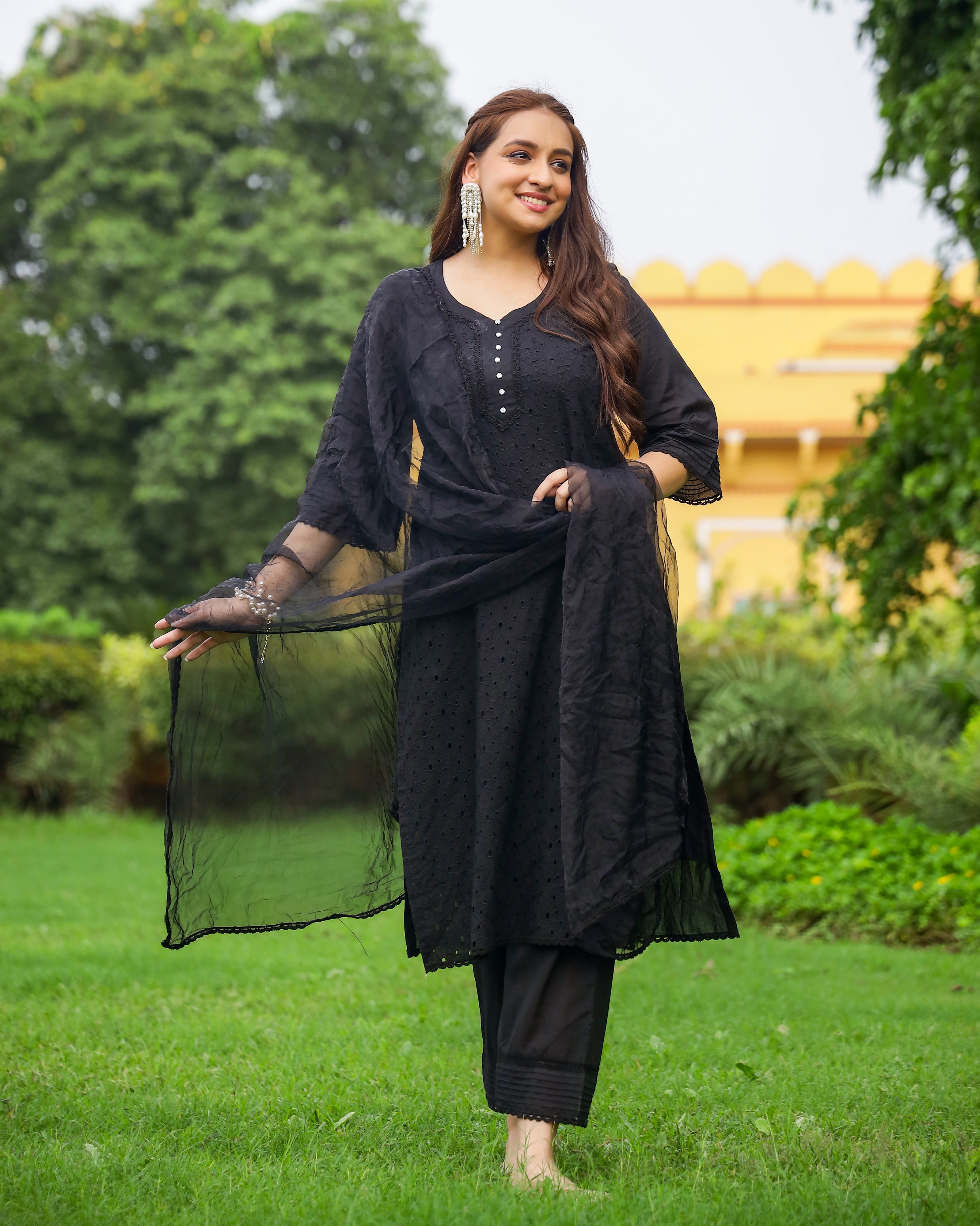 Coal Black Schiffli Cotton Suit Set with Organza Dupatta