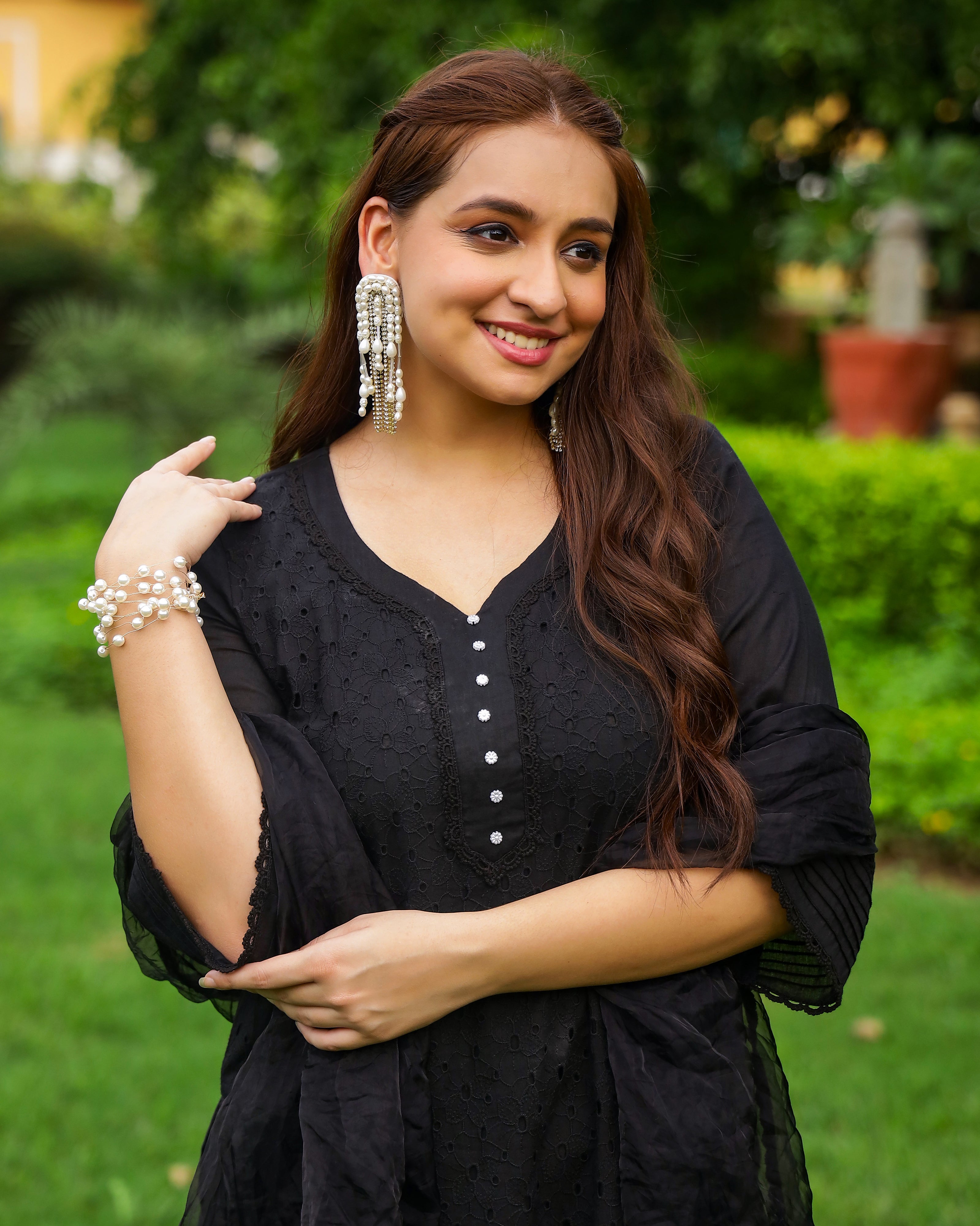 Coal Black Schiffli Cotton Suit Set with Organza Dupatta