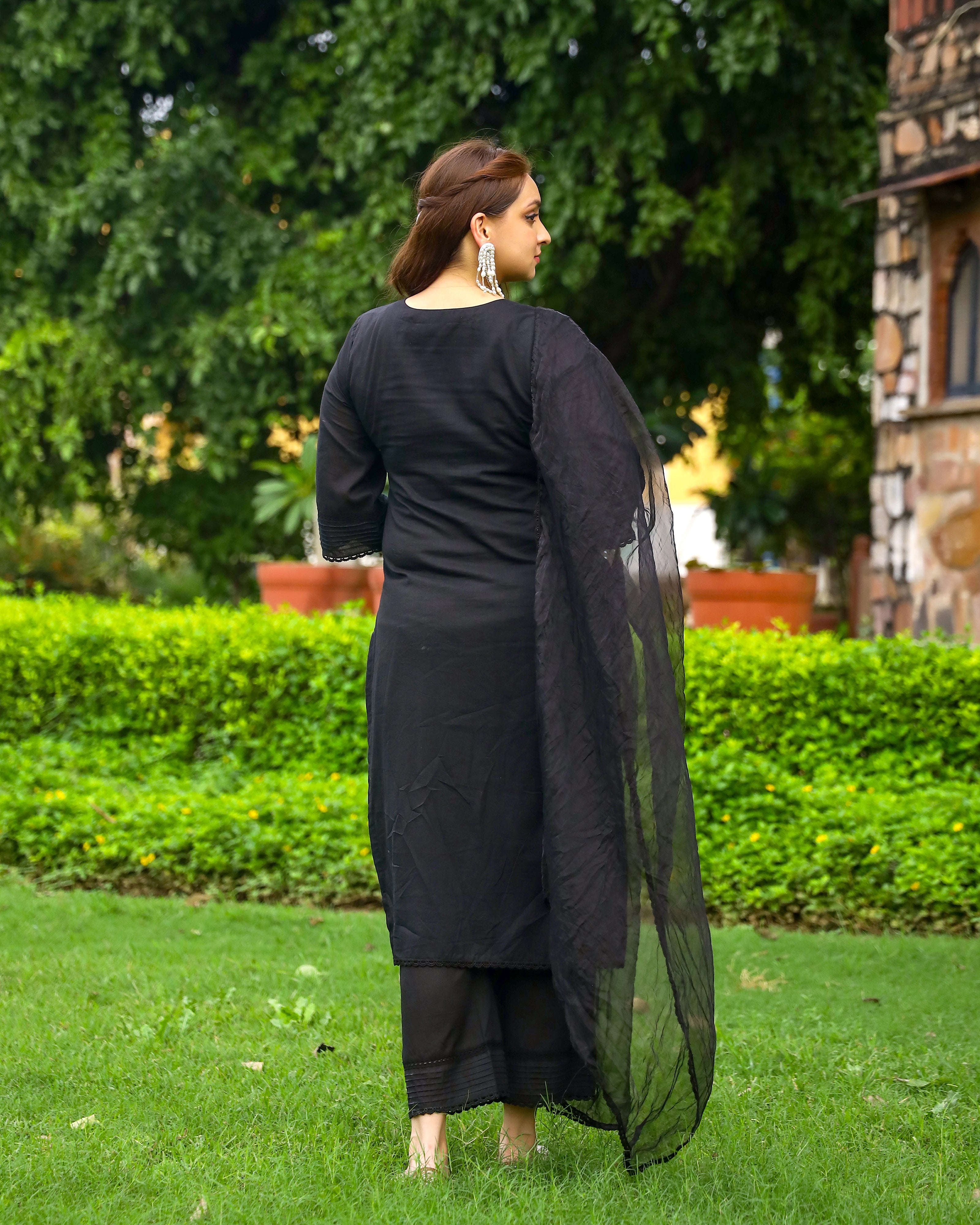 Coal Black Schiffli Cotton Suit Set with Organza Dupatta