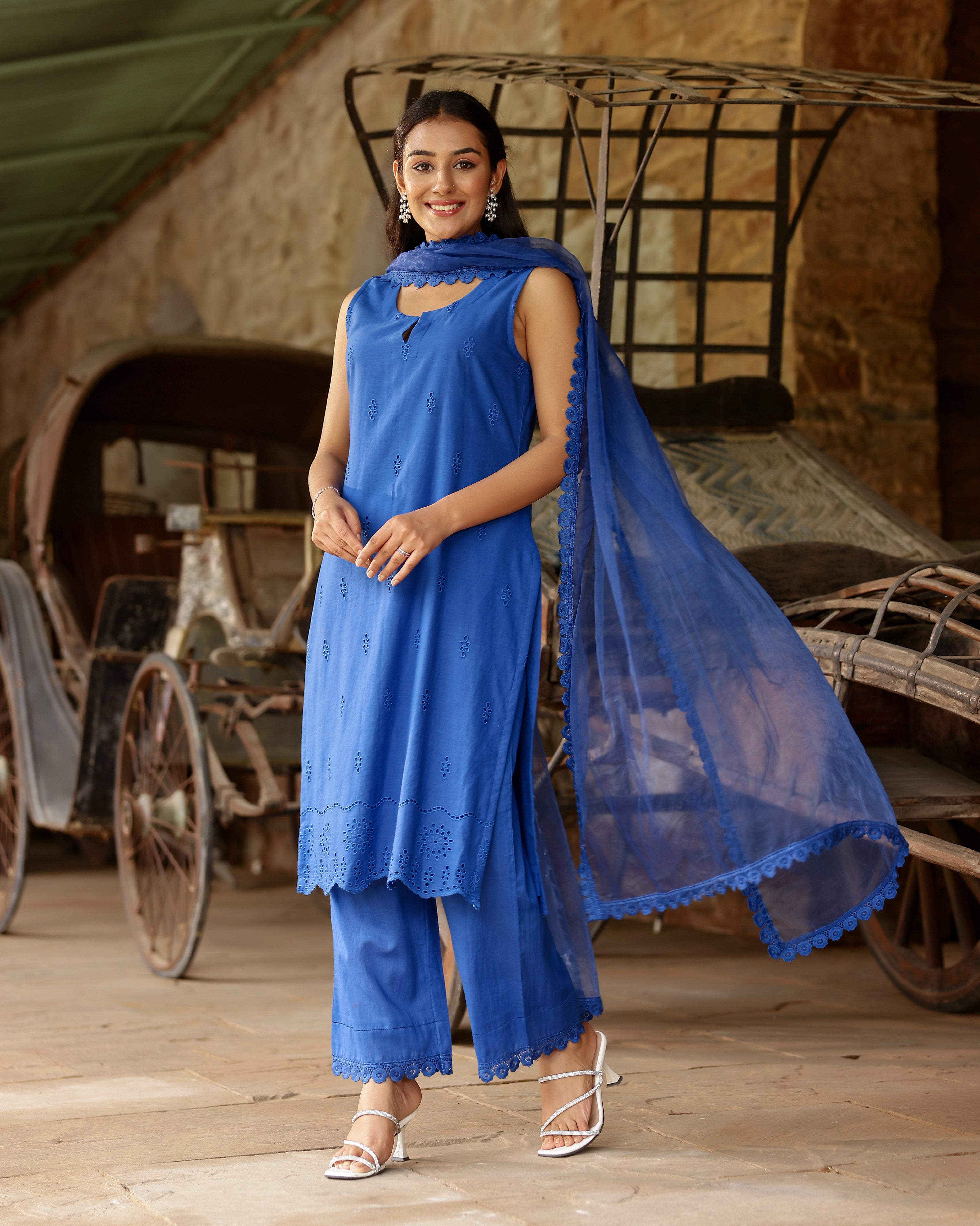 Royal Blue Schiffli Cotton Suit Set with Organza Dupatta