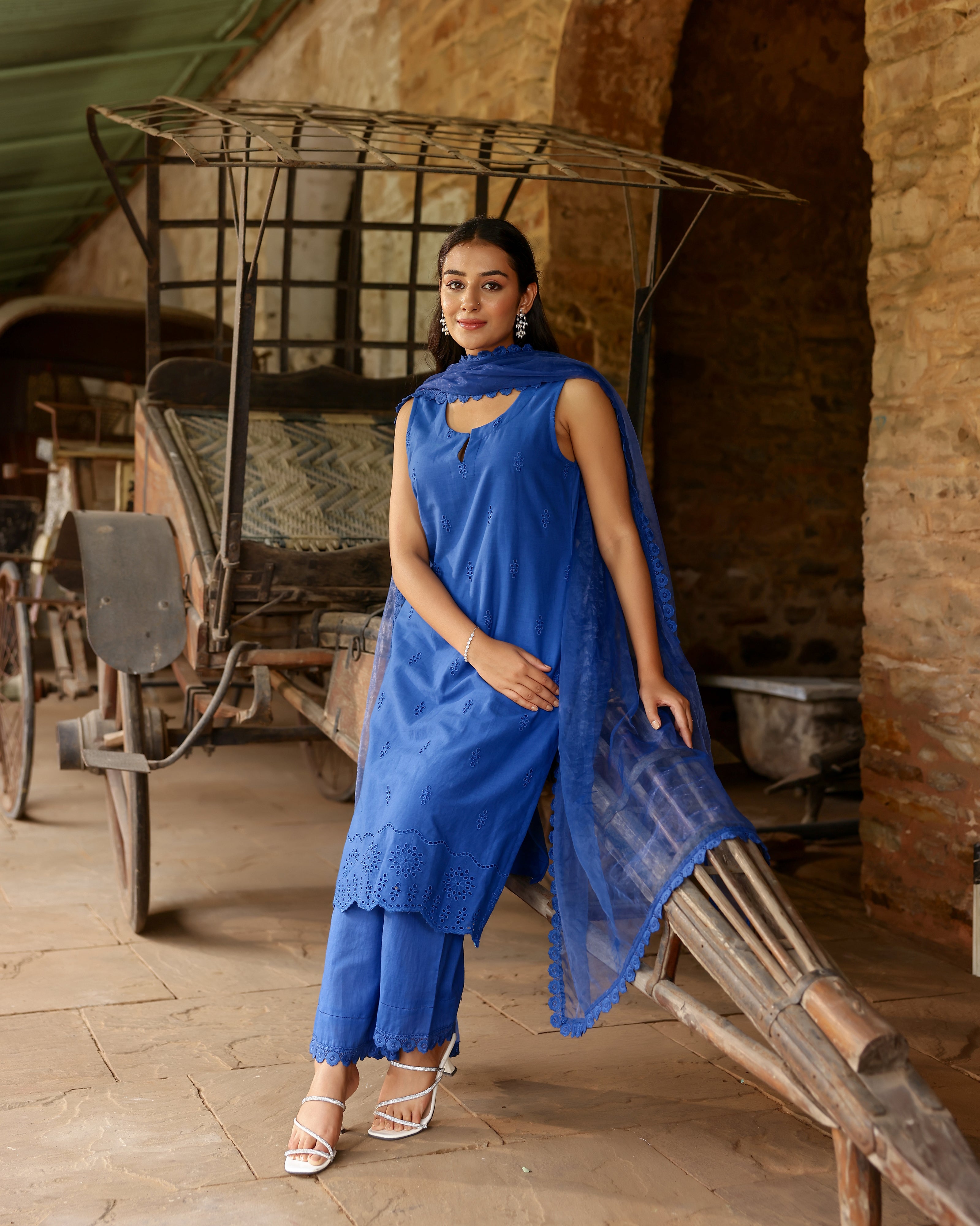 Royal Blue Schiffli Cotton Suit Set with Organza Dupatta