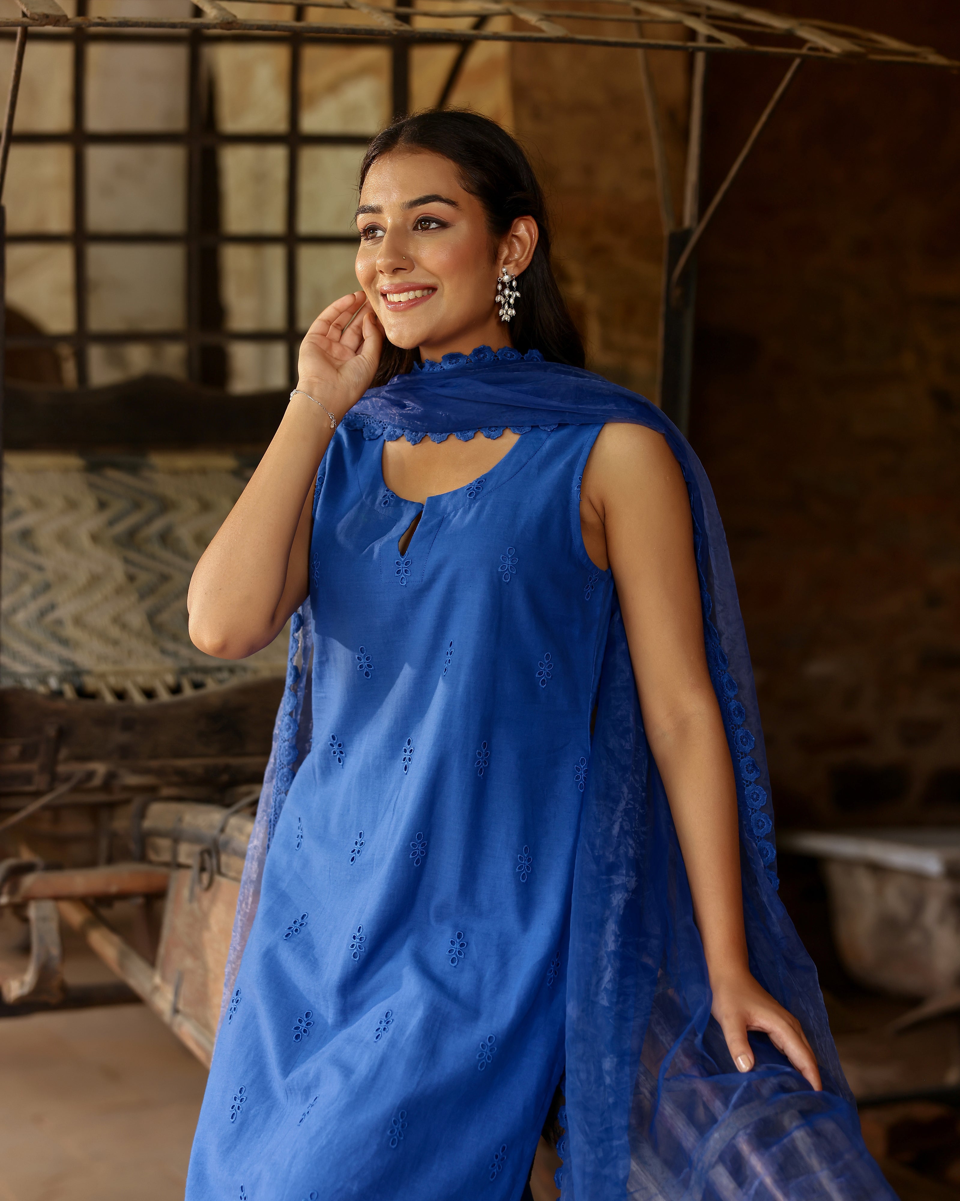 Royal Blue Schiffli Cotton Suit Set with Organza Dupatta