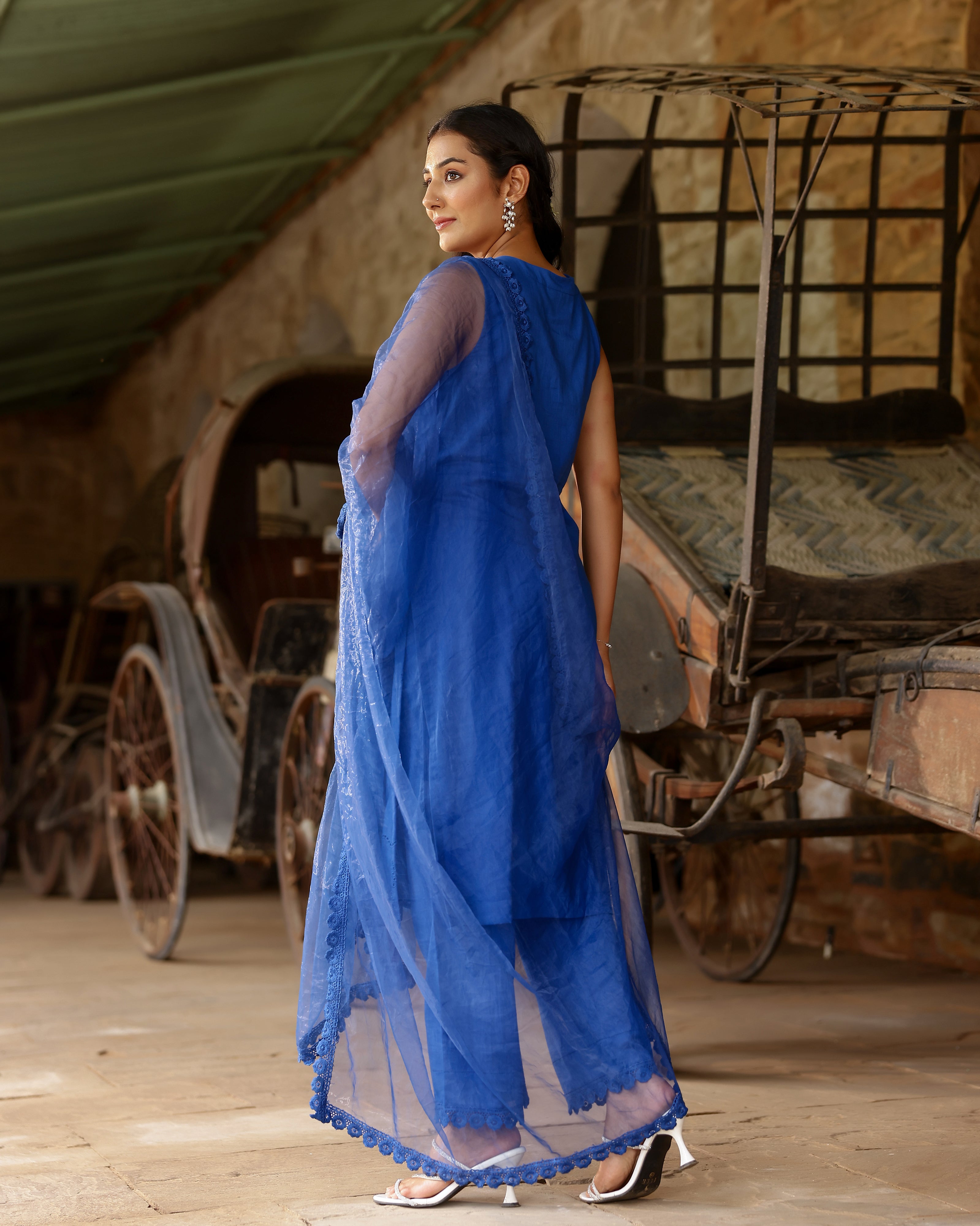 Royal Blue Schiffli Cotton Suit Set with Organza Dupatta