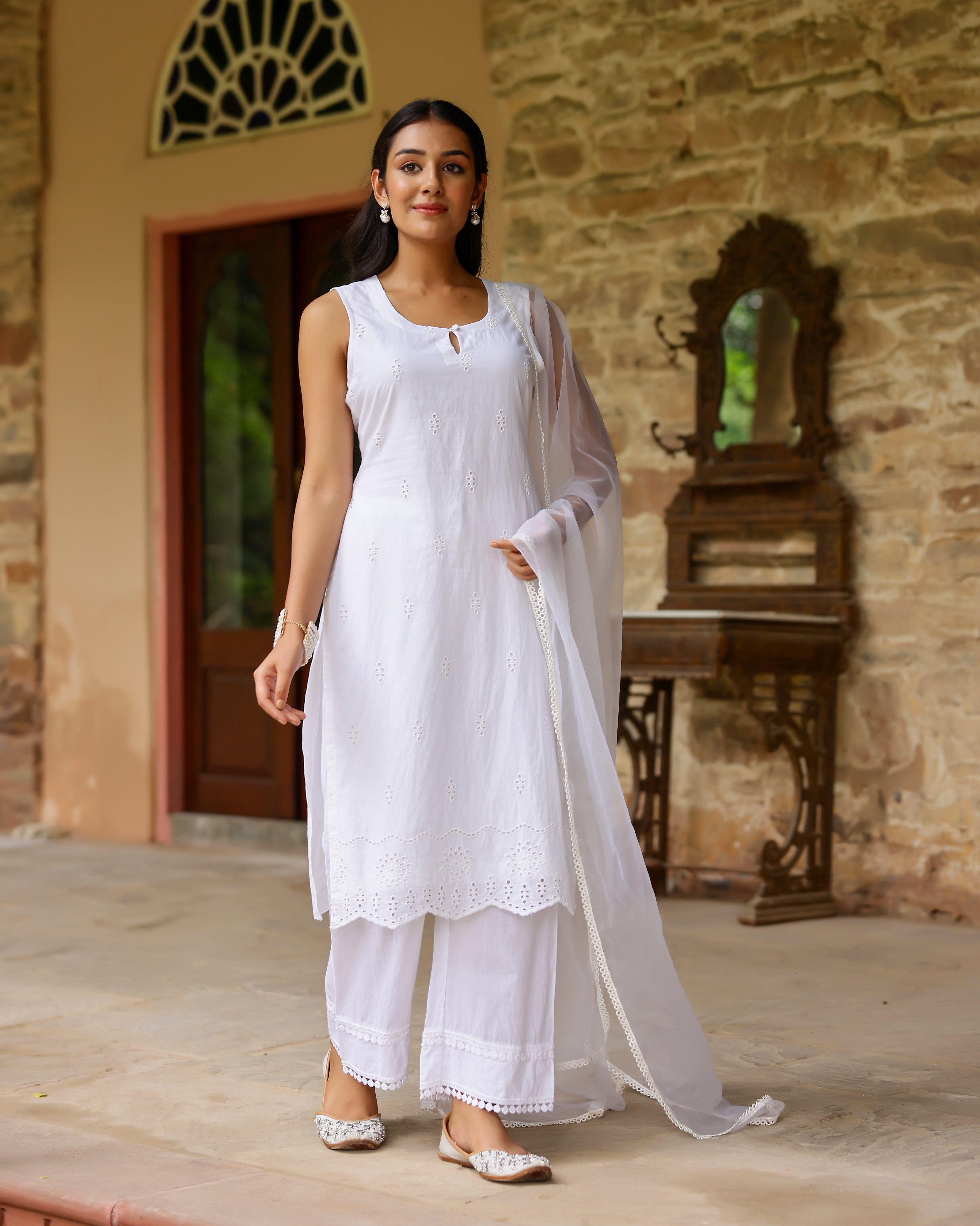 Classic White Schiffli Cotton Suit Set with Organza Dupatta
