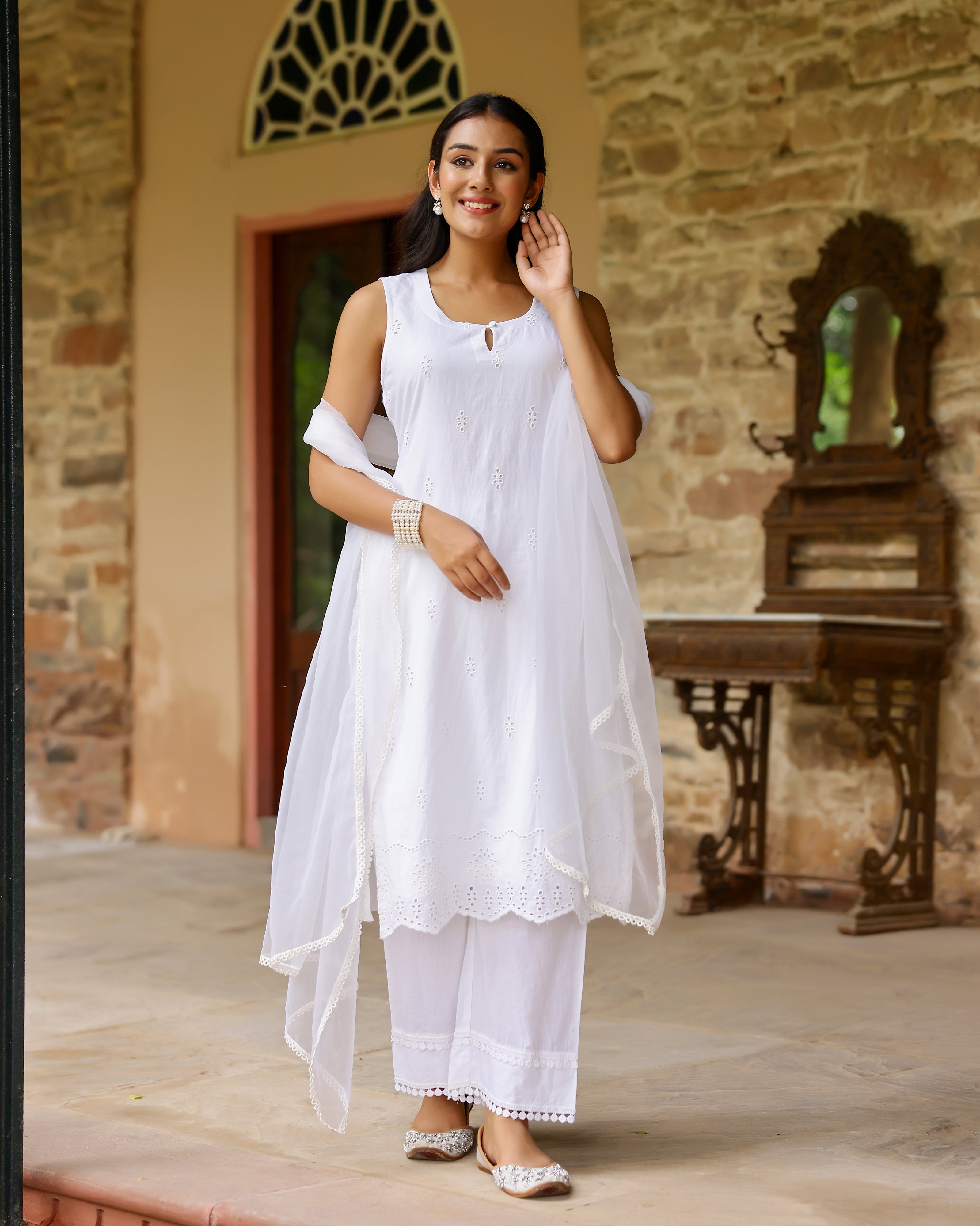 Classic White Schiffli Cotton Suit Set with Organza Dupatta