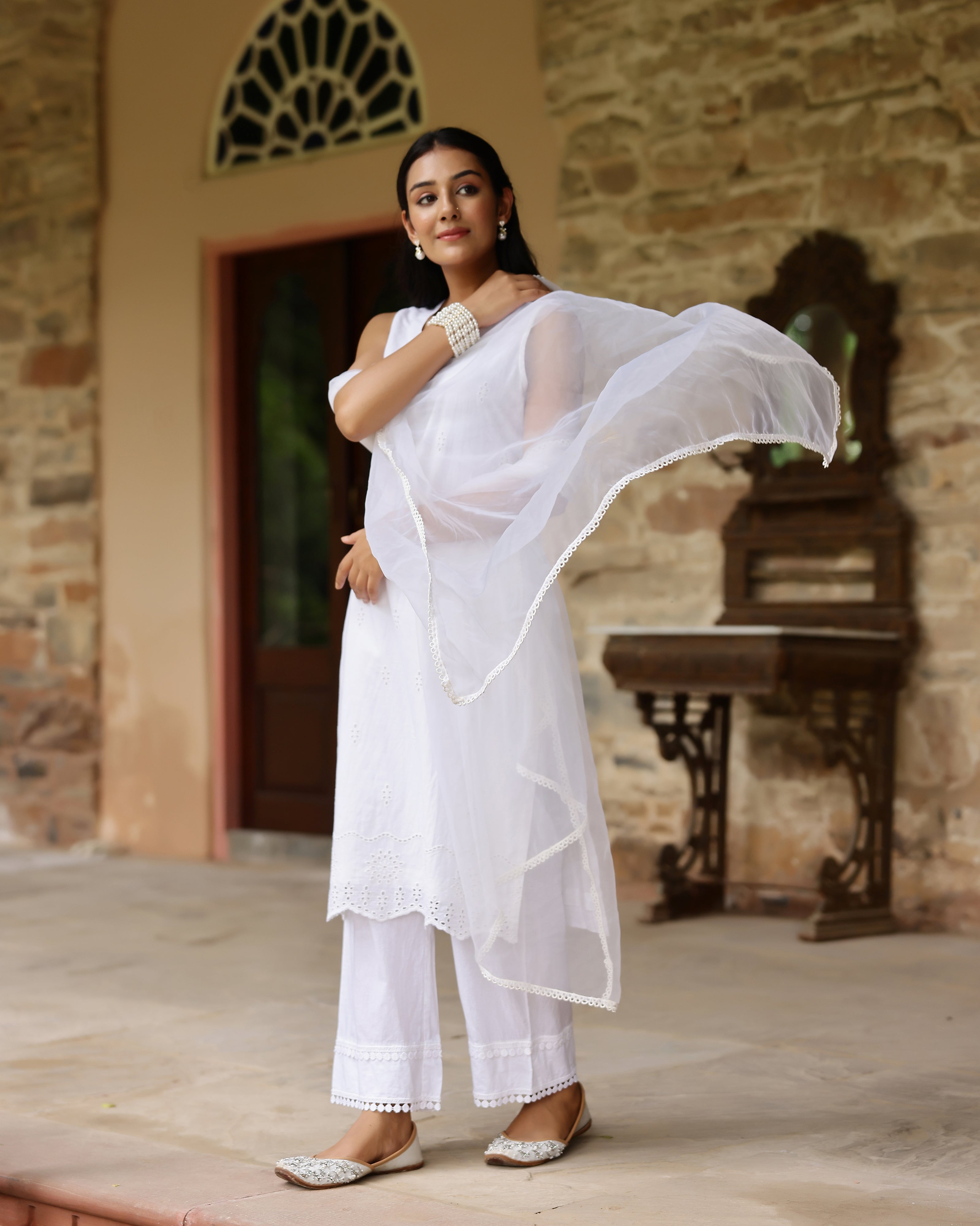 Classic White Schiffli Cotton Suit Set with Organza Dupatta