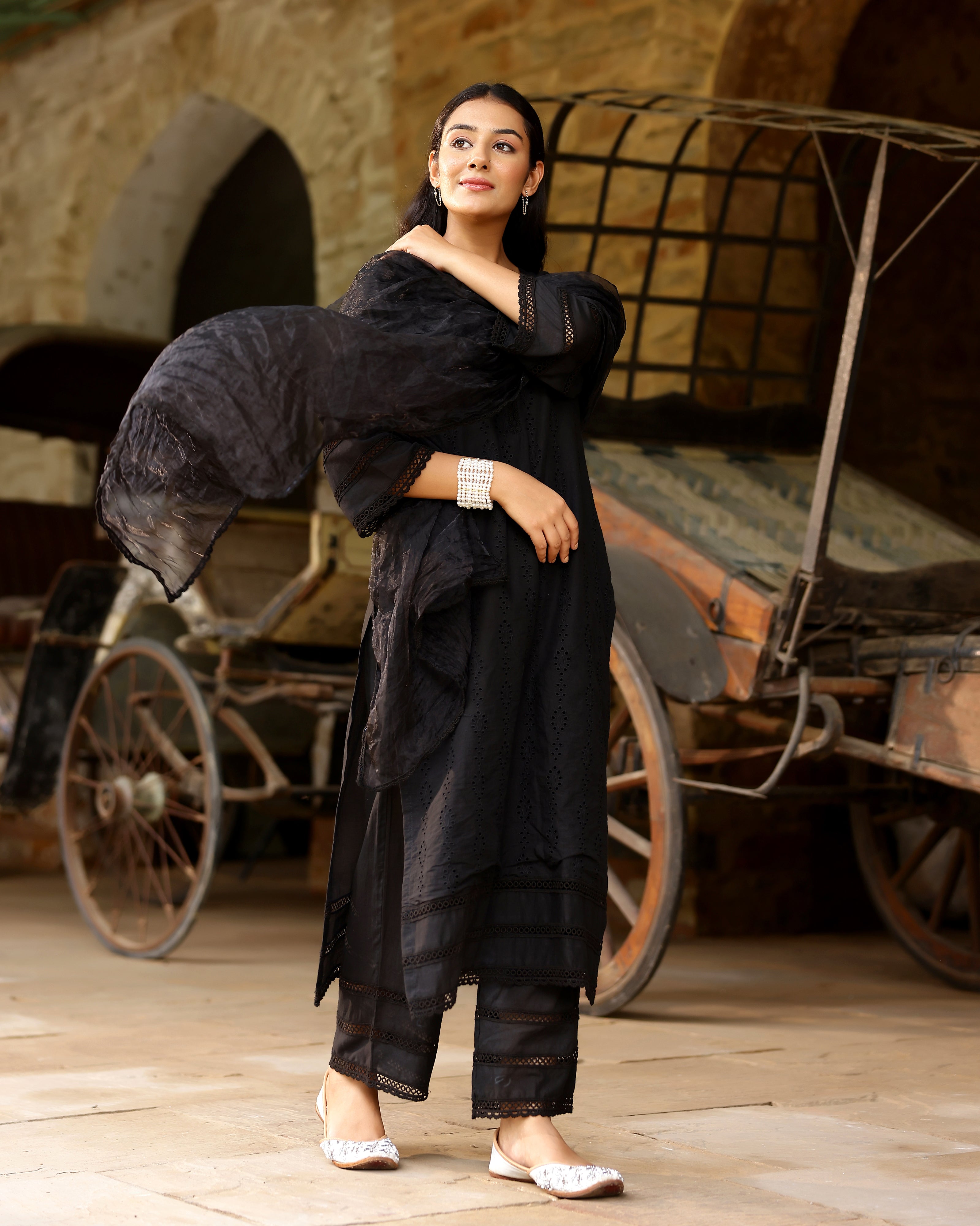Elegant Black Schiffli Cotton Suit Set with Organza Dupatta