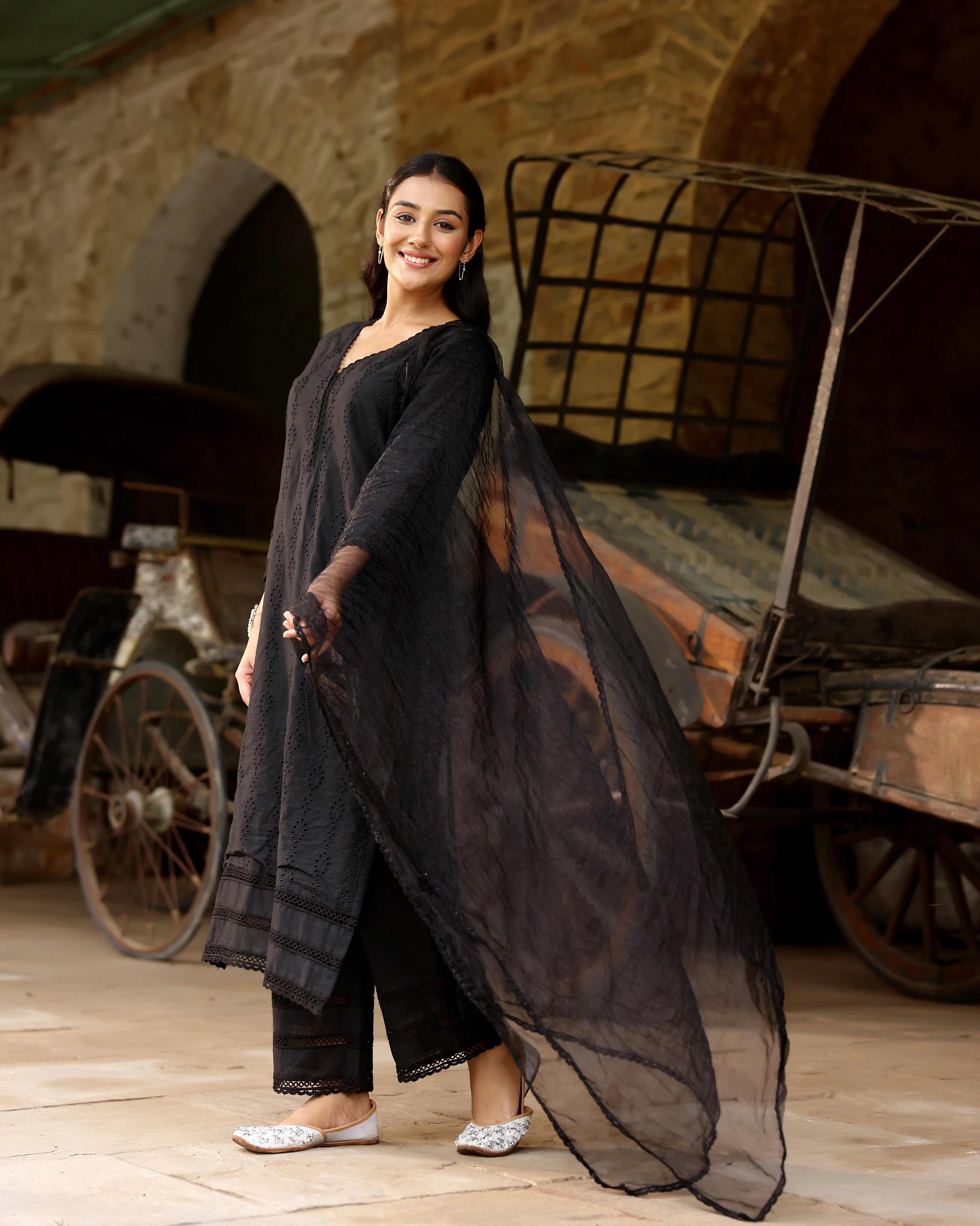 Elegant Black Schiffli Cotton Suit Set with Organza Dupatta
