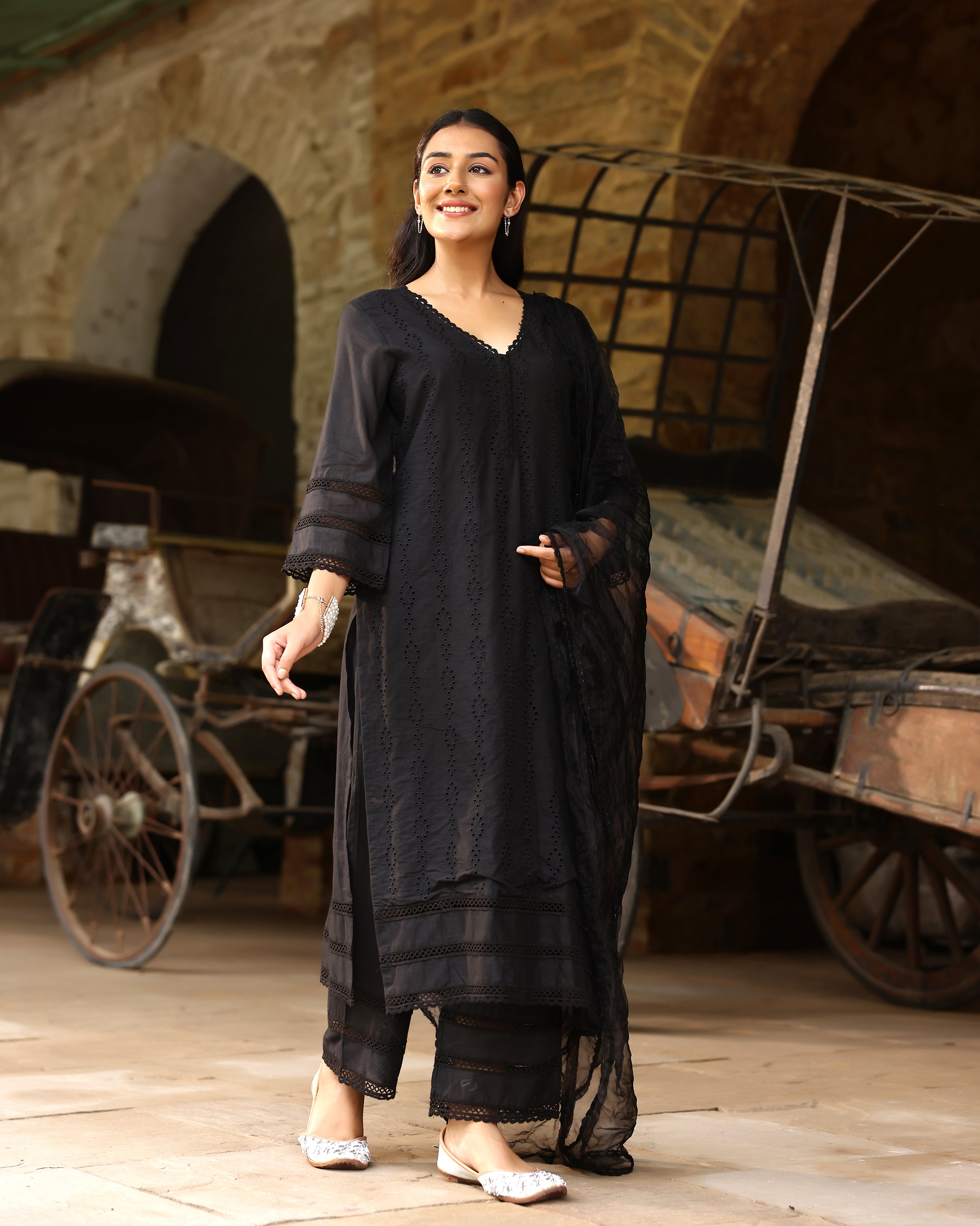 Elegant Black Schiffli Cotton Suit Set with Organza Dupatta