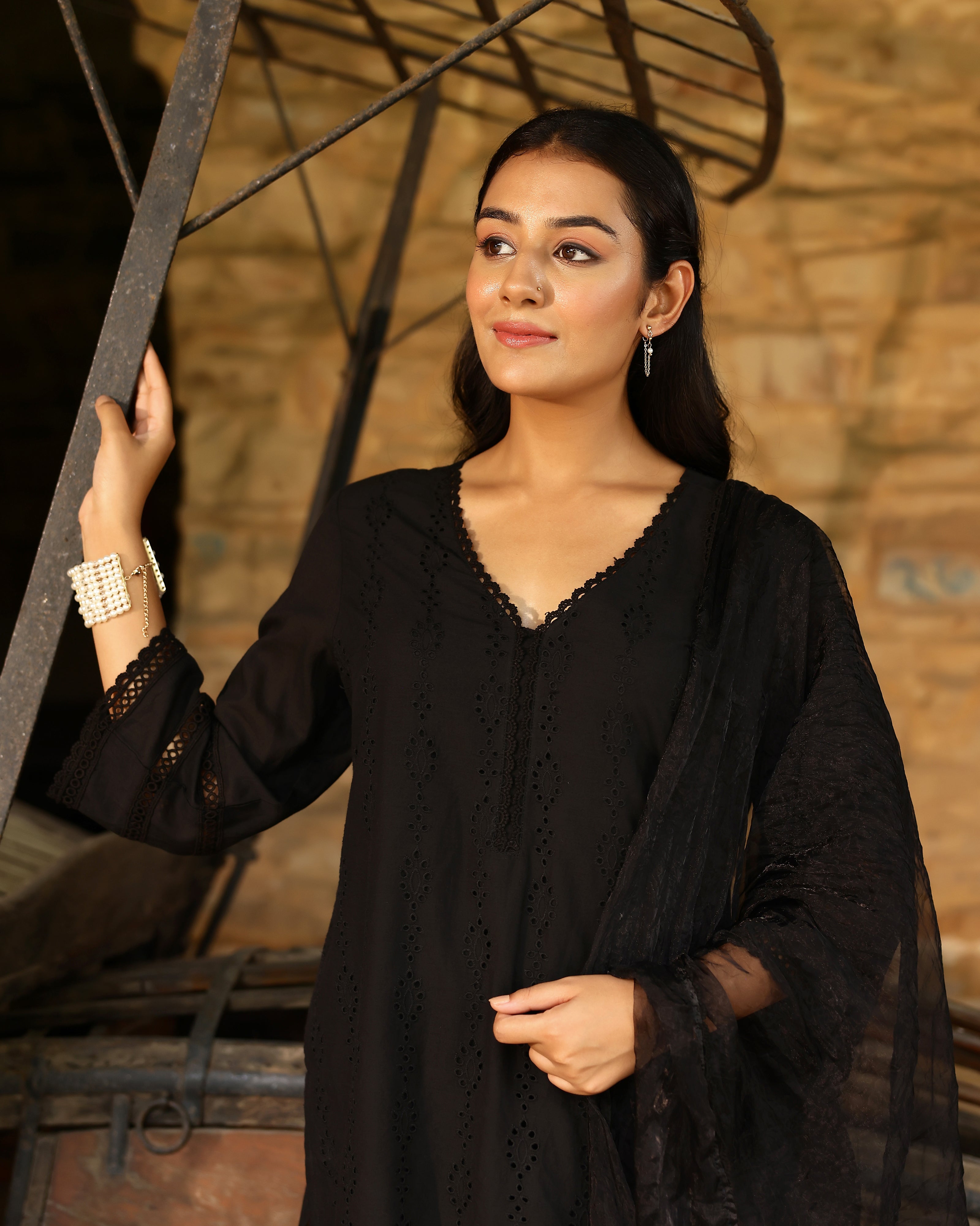 Elegant Black Schiffli Cotton Suit Set with Organza Dupatta