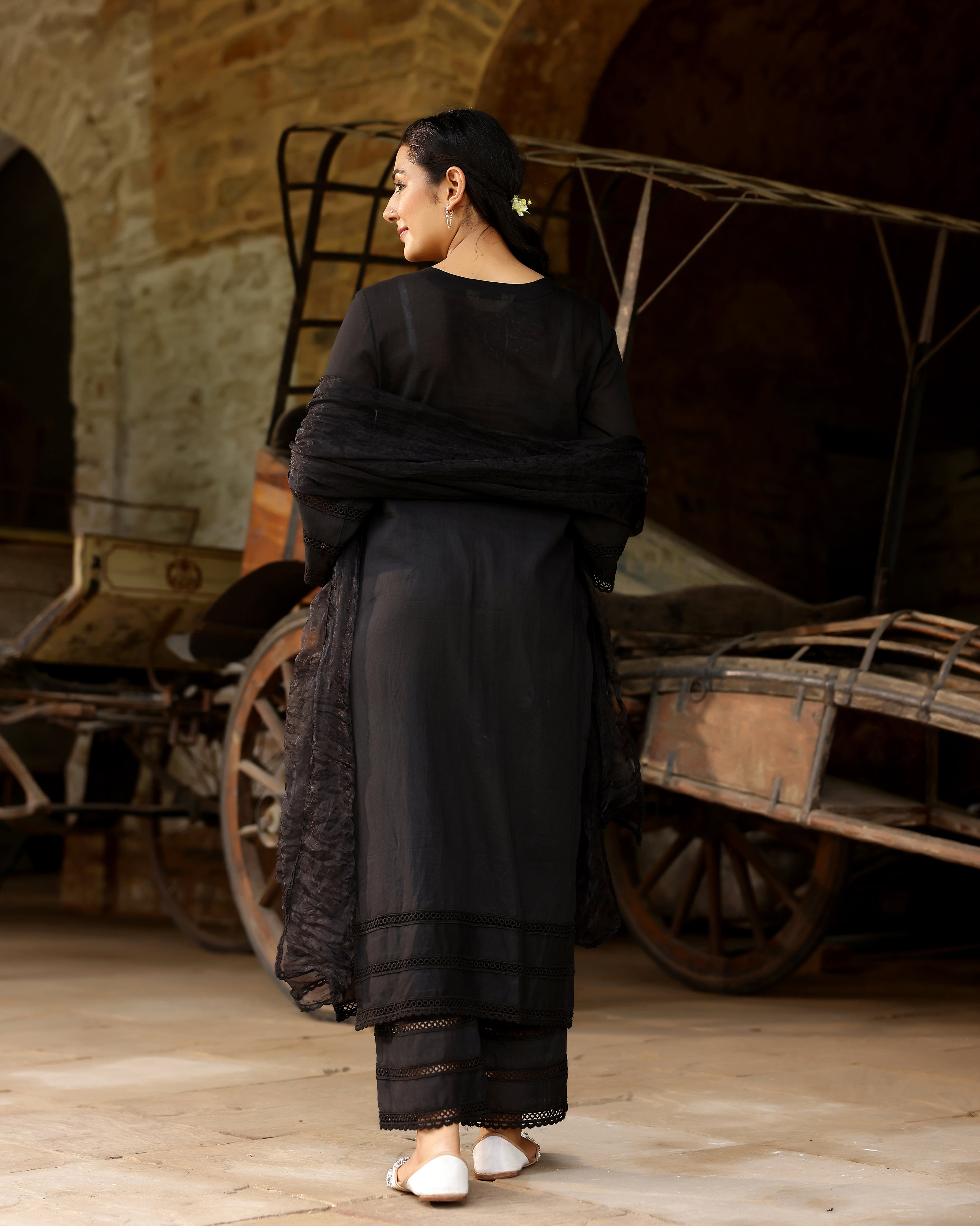 Elegant Black Schiffli Cotton Suit Set with Organza Dupatta