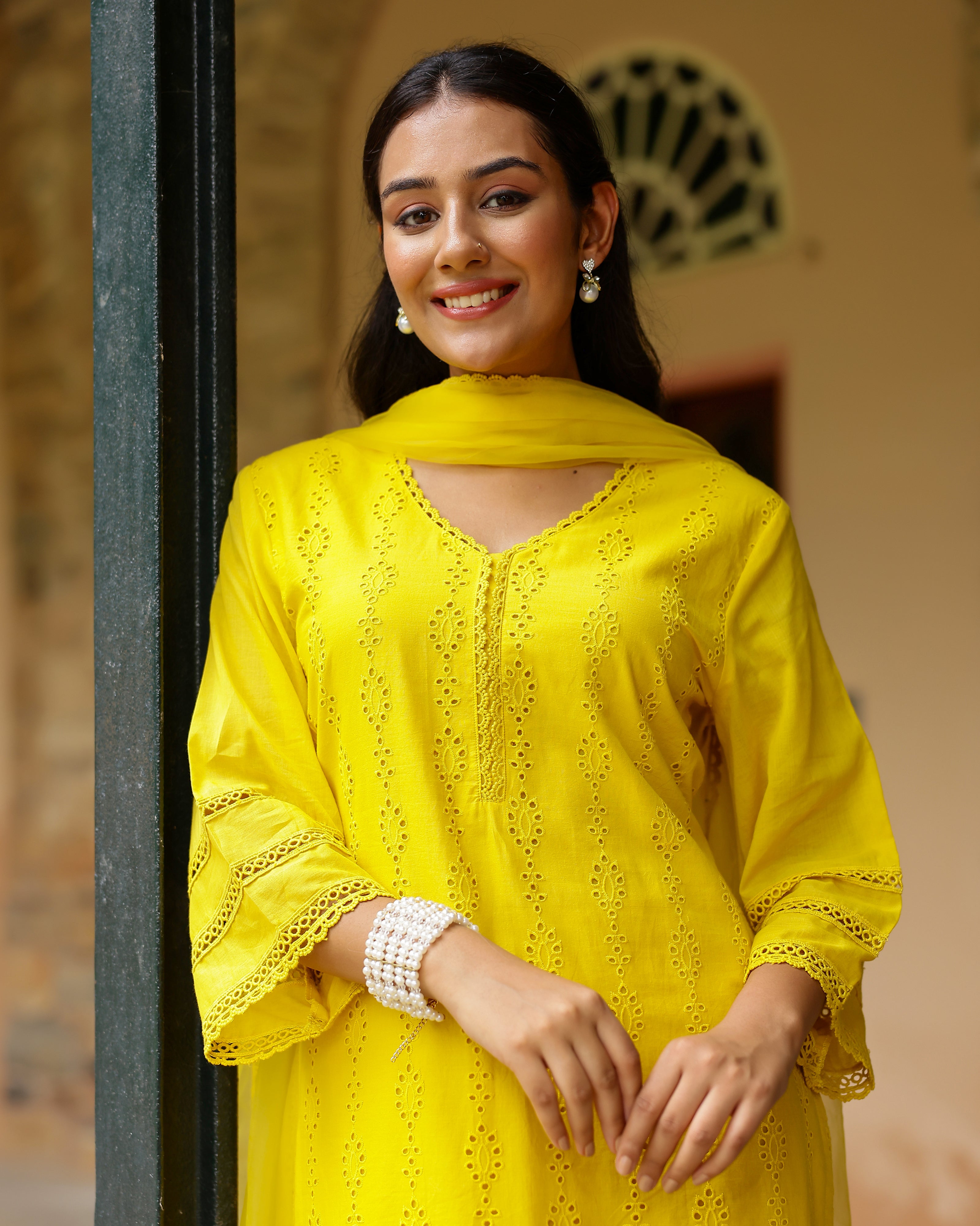 Sunlit Yellow Schiffli Cotton Suit Set with Organza Dupatta