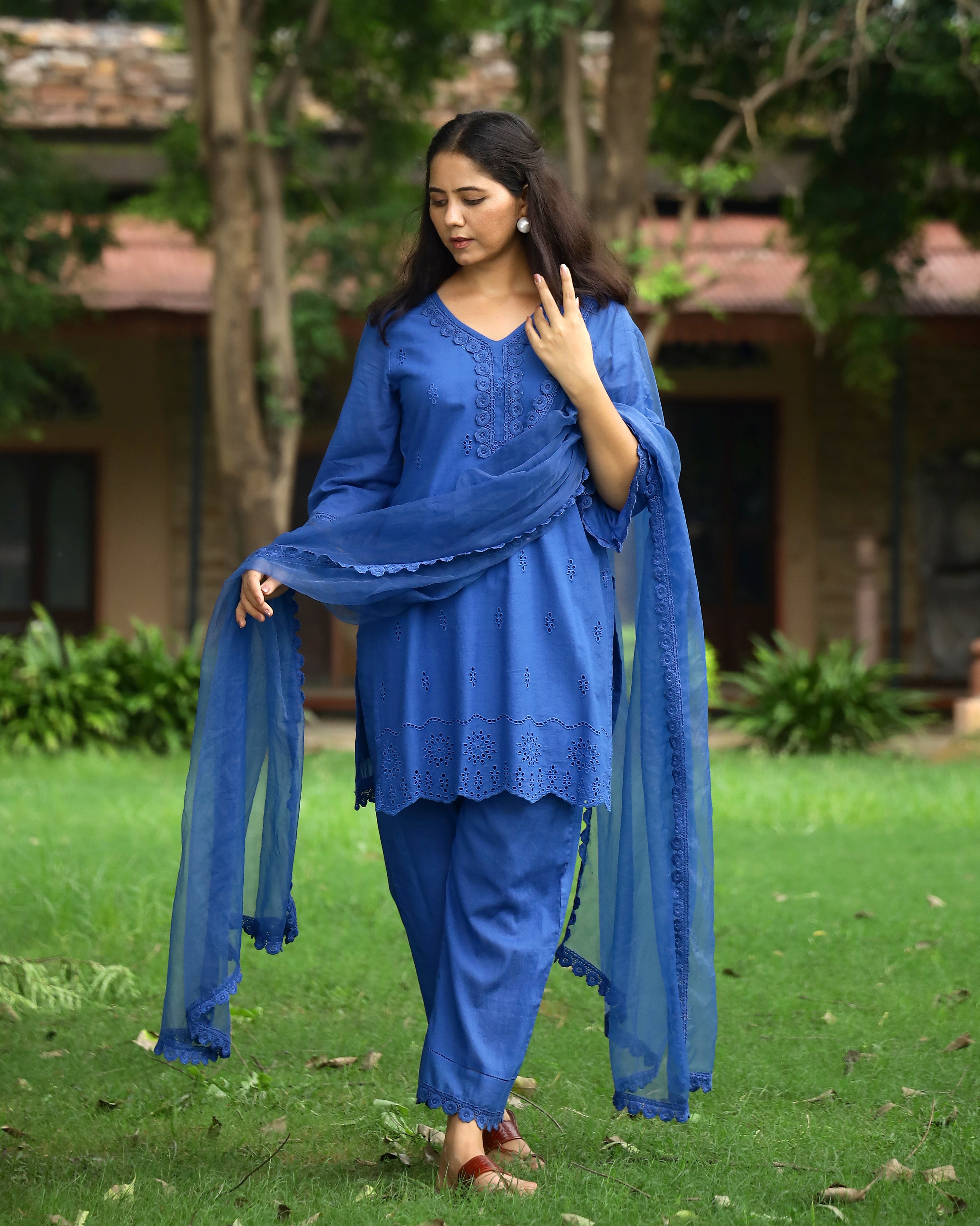 Serene Blue Schiffli Cotton Suit Set with Organza Dupatta