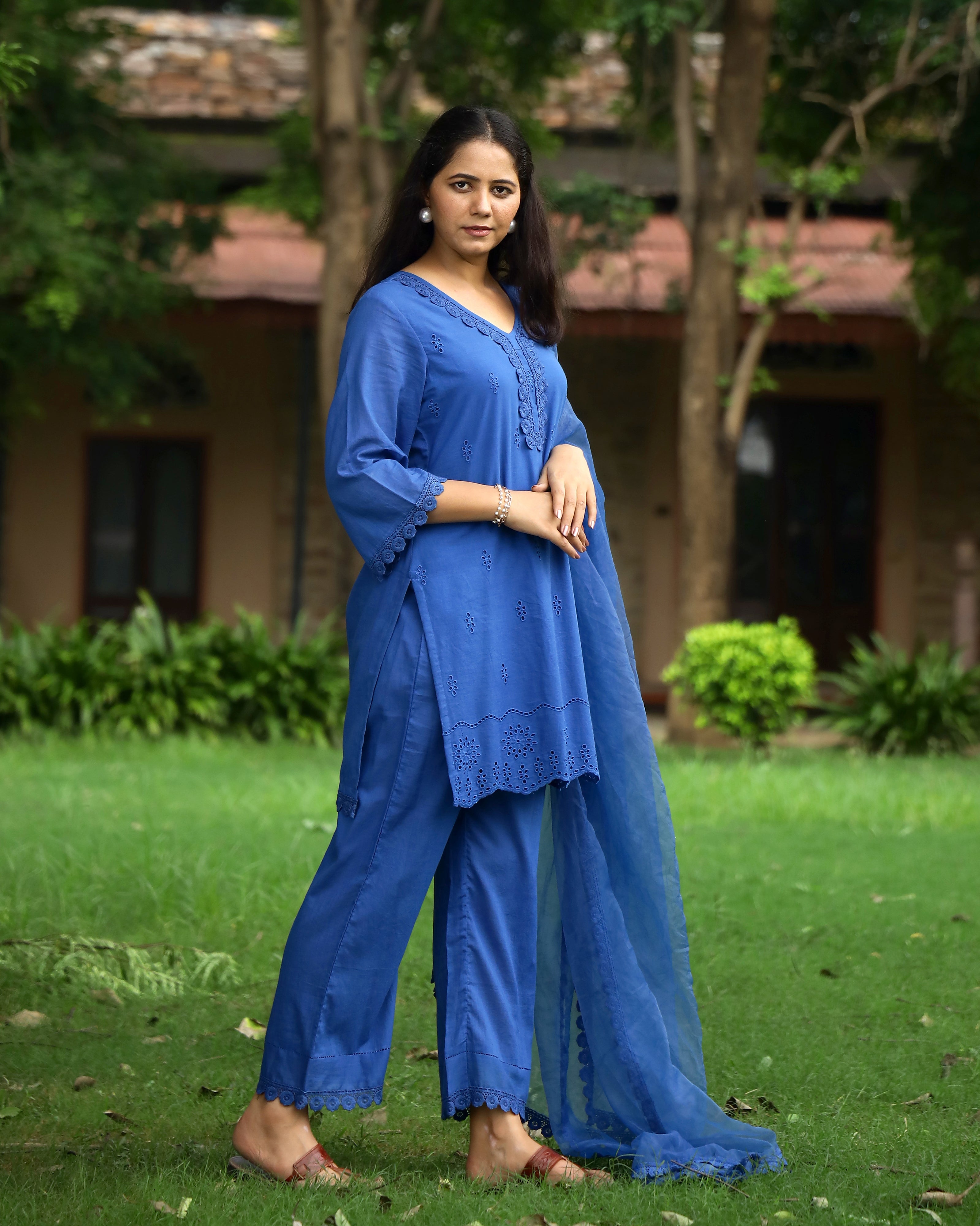 Serene Blue Schiffli Cotton Suit Set with Organza Dupatta