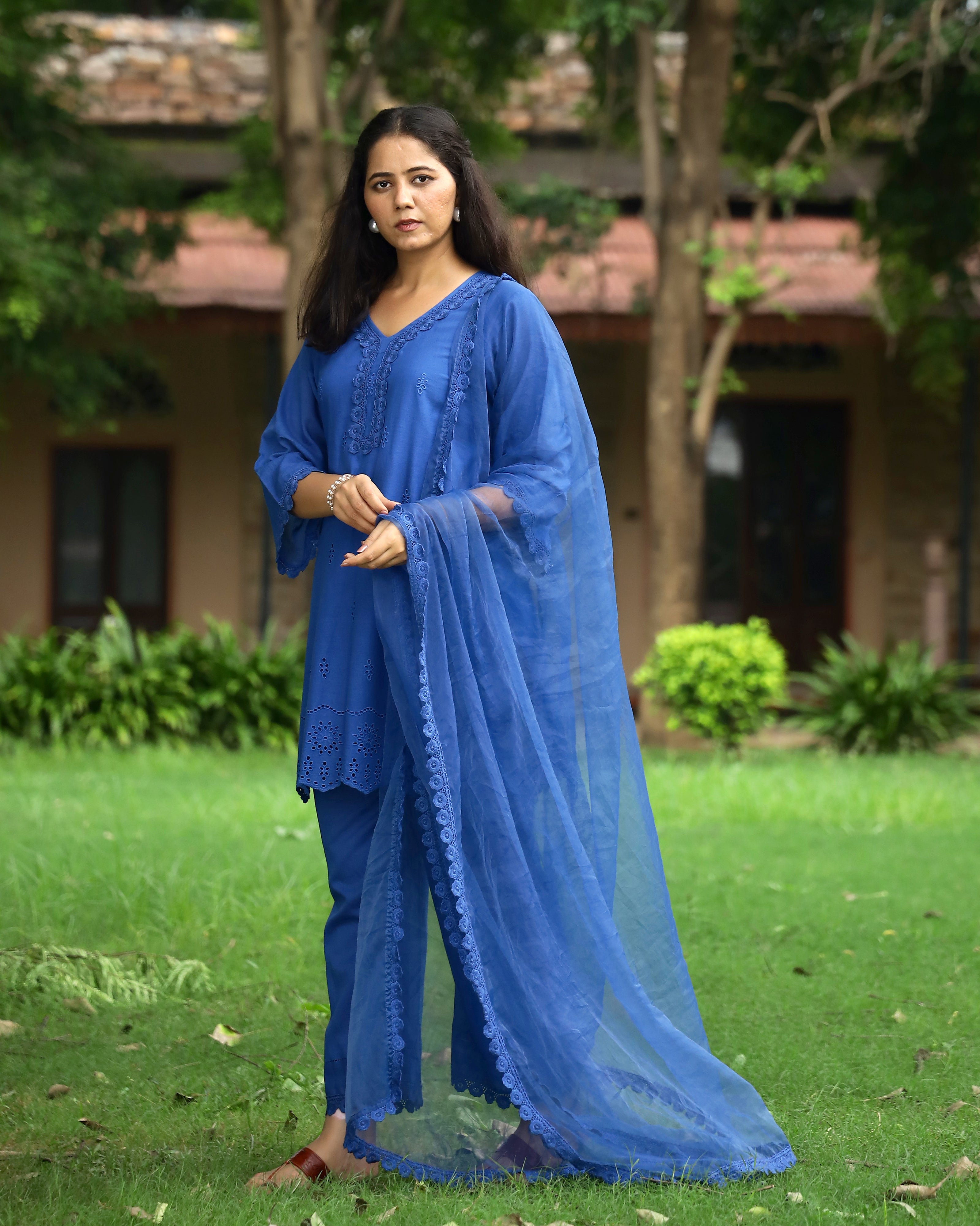 Serene Blue Schiffli Cotton Suit Set with Organza Dupatta