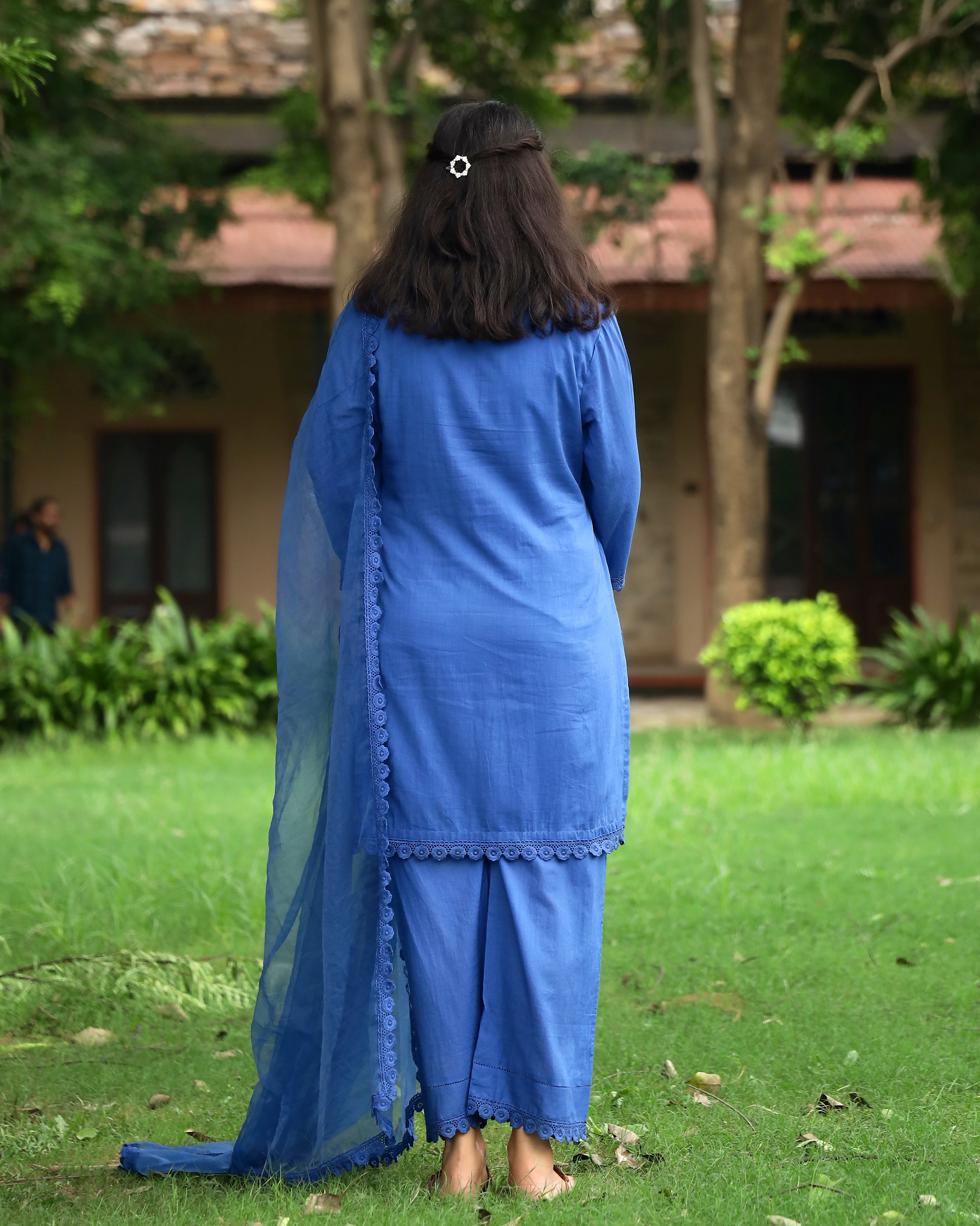 Serene Blue Schiffli Cotton Suit Set with Organza Dupatta