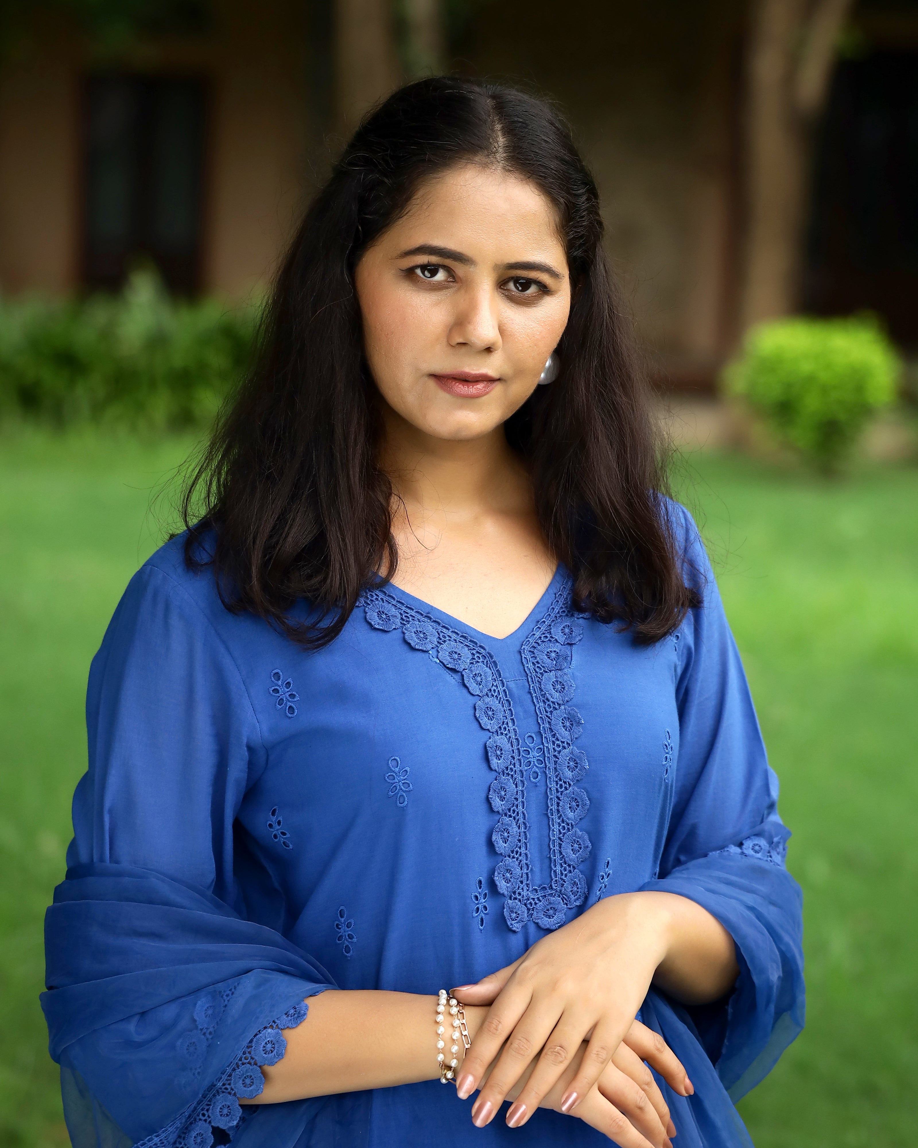 Serene Blue Schiffli Cotton Suit Set with Organza Dupatta