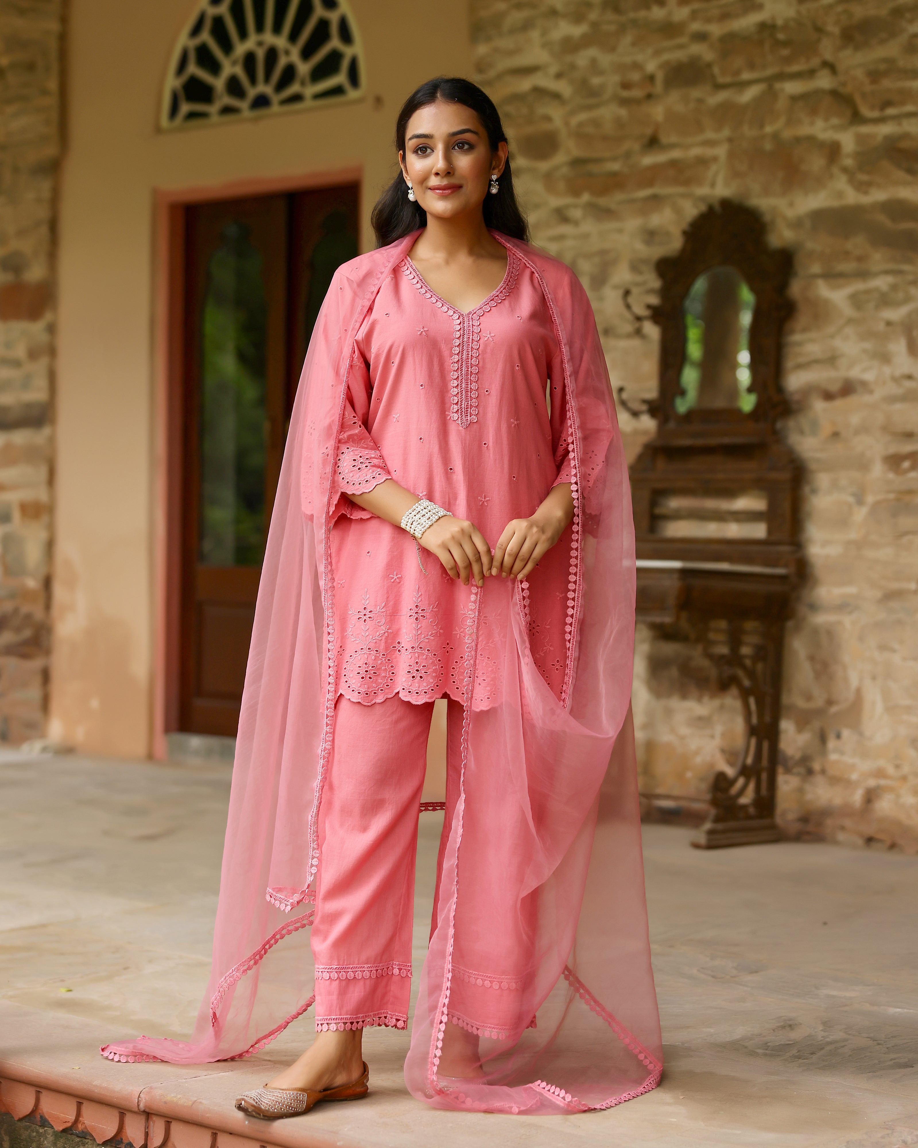 Radiant Coral Schiffli Cotton Suit Set with Organza Dupatta