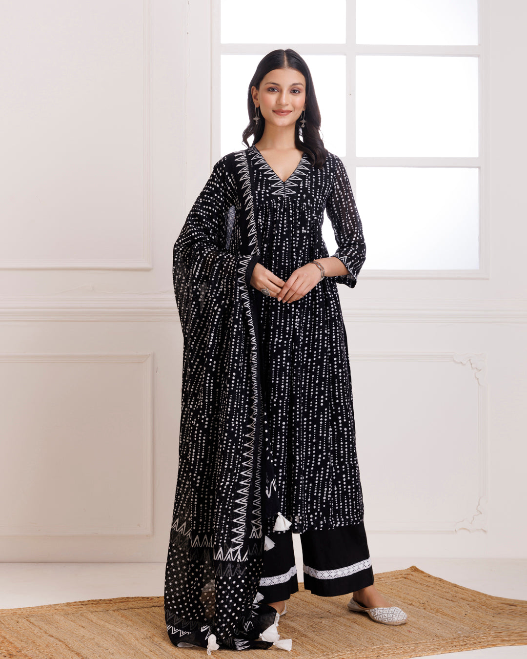 Black Polka Hand Block Printed Moonga Cotton Gathered Suit Set