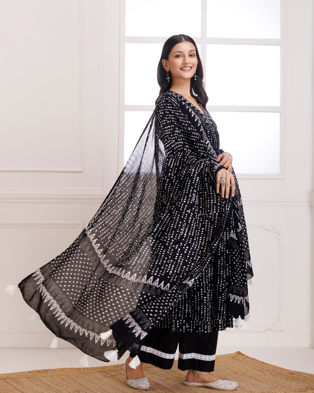 Black Polka Hand Block Printed Moonga Cotton Gathered Suit Set